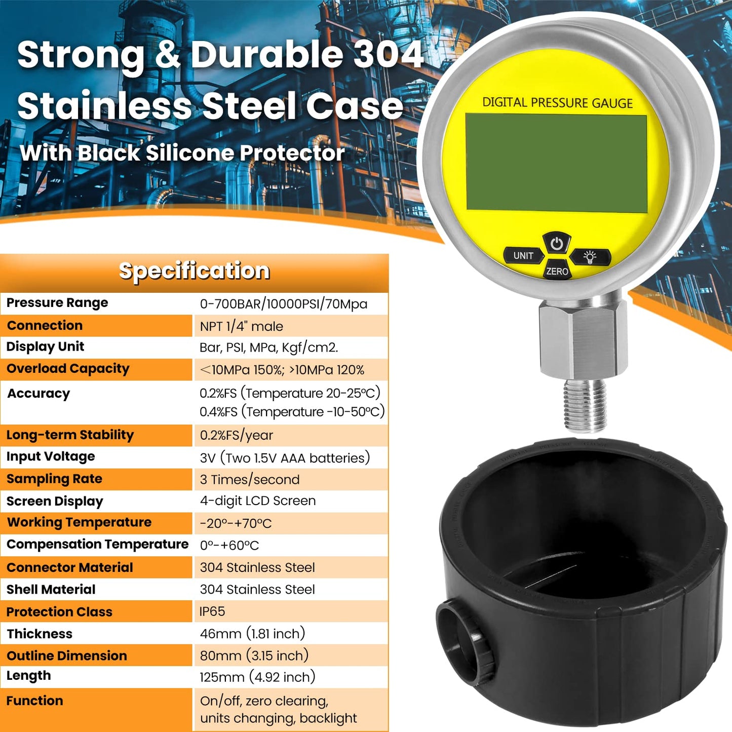 10000PSI Digital Hydraulic Pressure Test Coupling Kit Pressure Gauge Manometer Tester for USA Brand Excavator 1 Gauge 1 Hose 2 Couplings Black Silicone Protector 1/4 Inch NPT Connector 700BAR/70Mpa