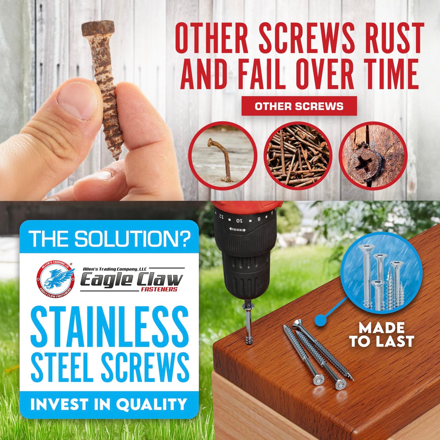 #10 x 3 Inch 316 Stainless Steel Screws Marine Grade (350 Pack, T25 Star) | Stainless Steel Wood Screws w/Driver Bit by Eagle Claw Fasteners | High Corrosion Resistance for Coastal Construction
