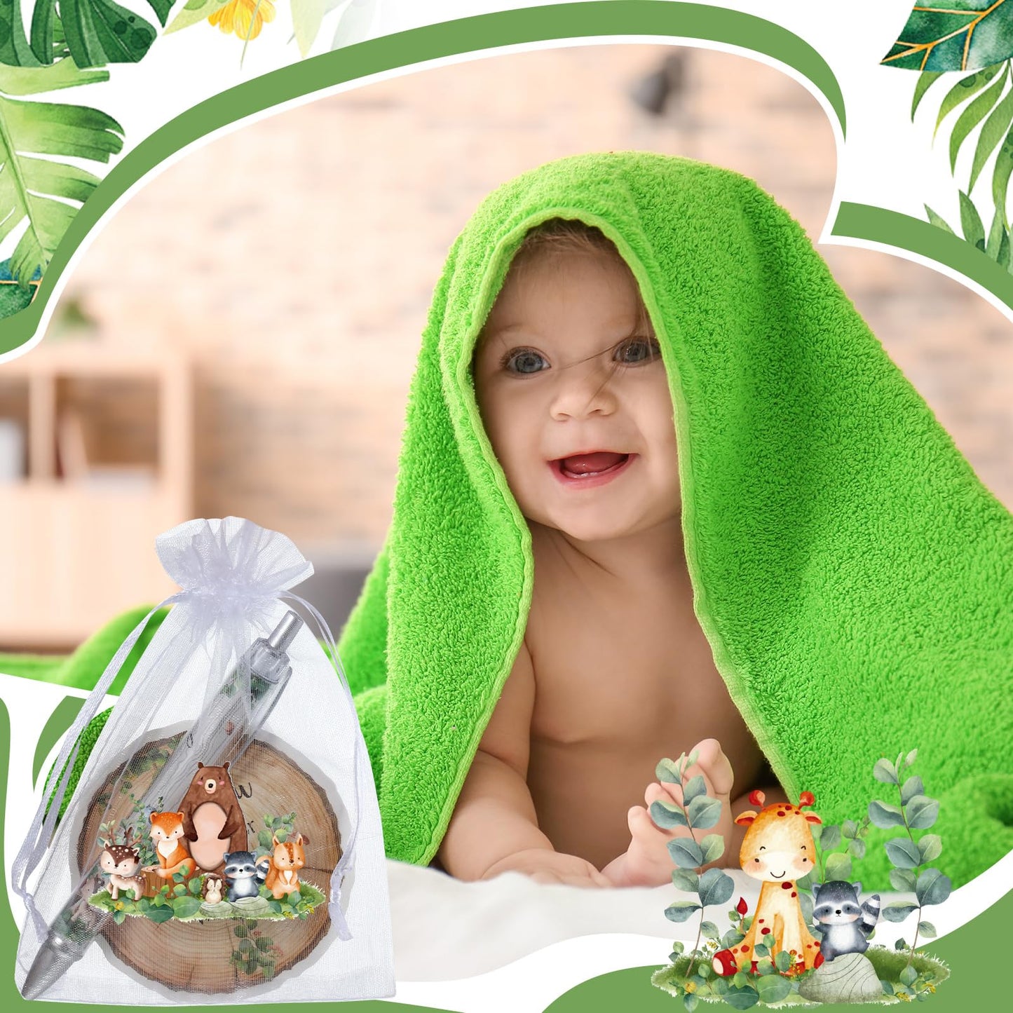 Chuangdi 50 Sets Baby Shower Favors Gifts for Guests Includes 50 Pcs Ballpoint Pens, Thank You Cards and Organza Bags(Woodland Animal)