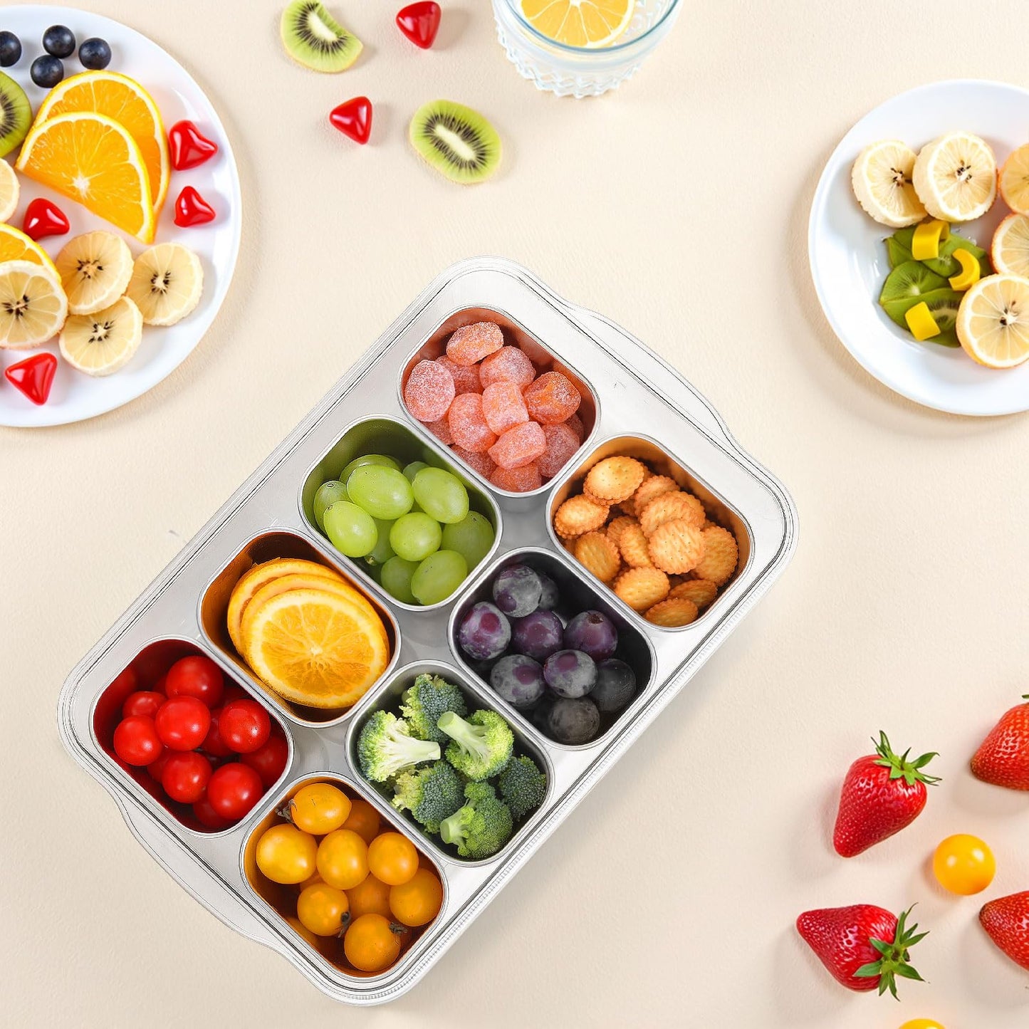 Snackle Box Container, 304 Stainless Steel Snack Containers, Snacklebox, Divided Serving Tray with Lid and Handle, Portable Snack Tray for Beach, Road Trip, Picnic, Boat Days, Ball Games and Pool