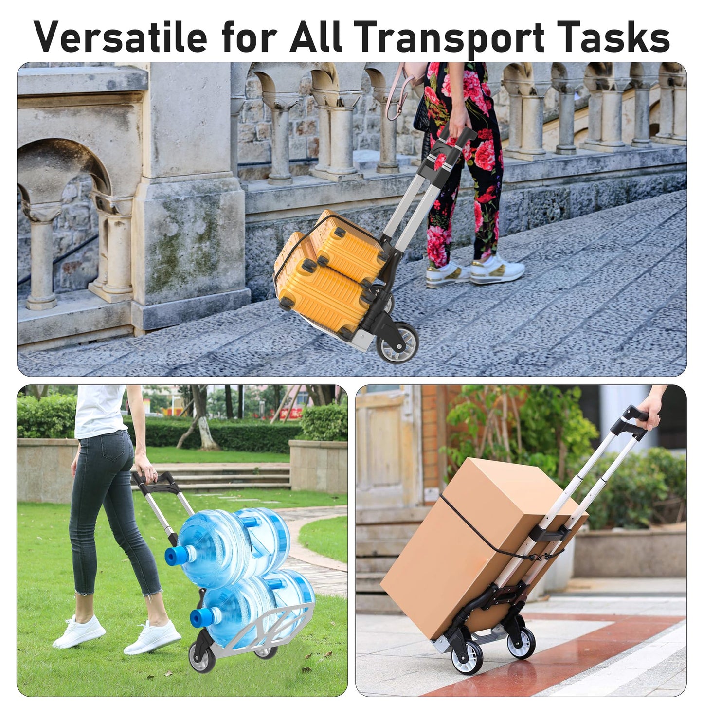 Folding Hand Truck - Aluminum Portable Dolly Cart with Telescopic Handle, Bungee Cord - Compact Lightweight Foldable Luggage Cart for Moving, Home, Auto, 180lbs, Black