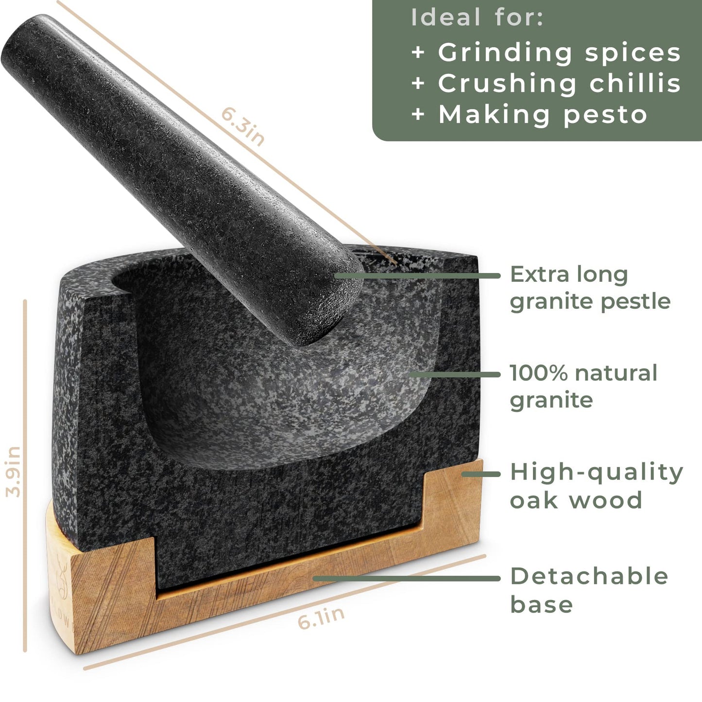 WALDWERK Mortar and Pestle - Mortar and Pestle Set with Anti-Scratch Wood Base - Mortar with Extra Large Pestle Out of Natural Granite - Large Mortar and Pestle - Perfect for Guacamole