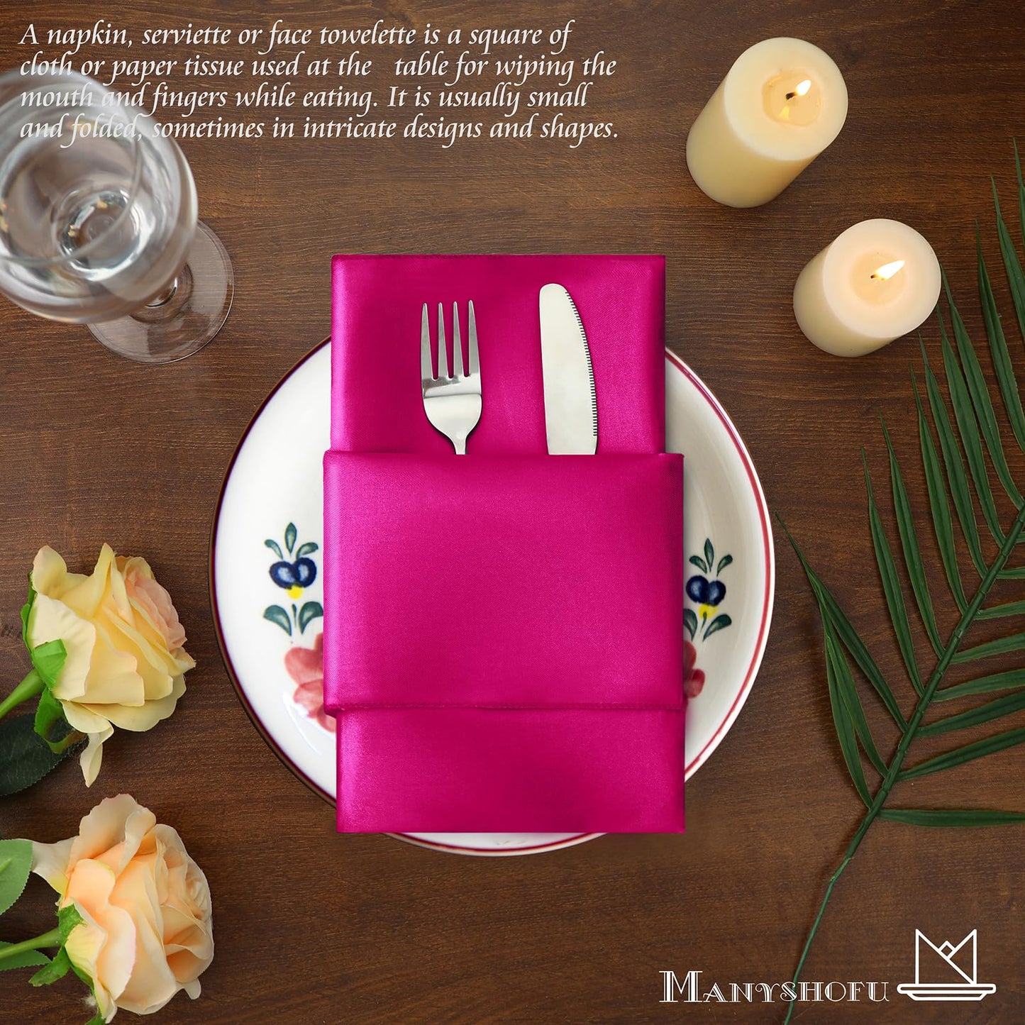 Manyshofu 60 Pieces Hot Pink Satin Napkins - 20x20 Inches Cloth Napkins, Square Satin Fabric Napkins Set - Soft & Reusable Table Napkins for Wedding Dinner Party Lunch
