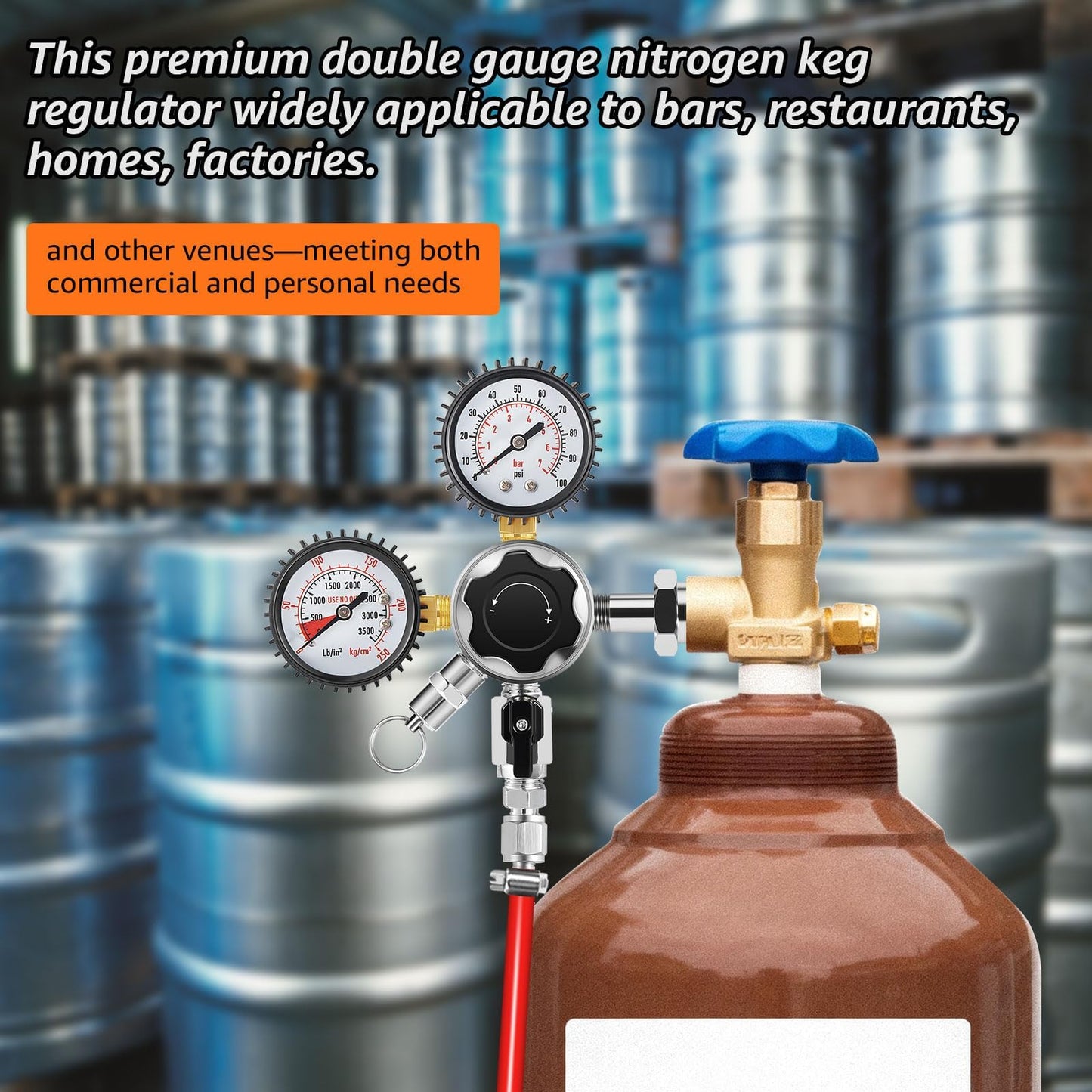 Hgkeke Nitrogen Regulator, Dual Gauge Nitrogen Keg Regulator CGA-580 Nitrogen Draft Beer Regulator with 1/4& 5/16 Outlet Barbs Pressure Release Valve, Nitrogen Cylinder Regulator Coffee Equipment