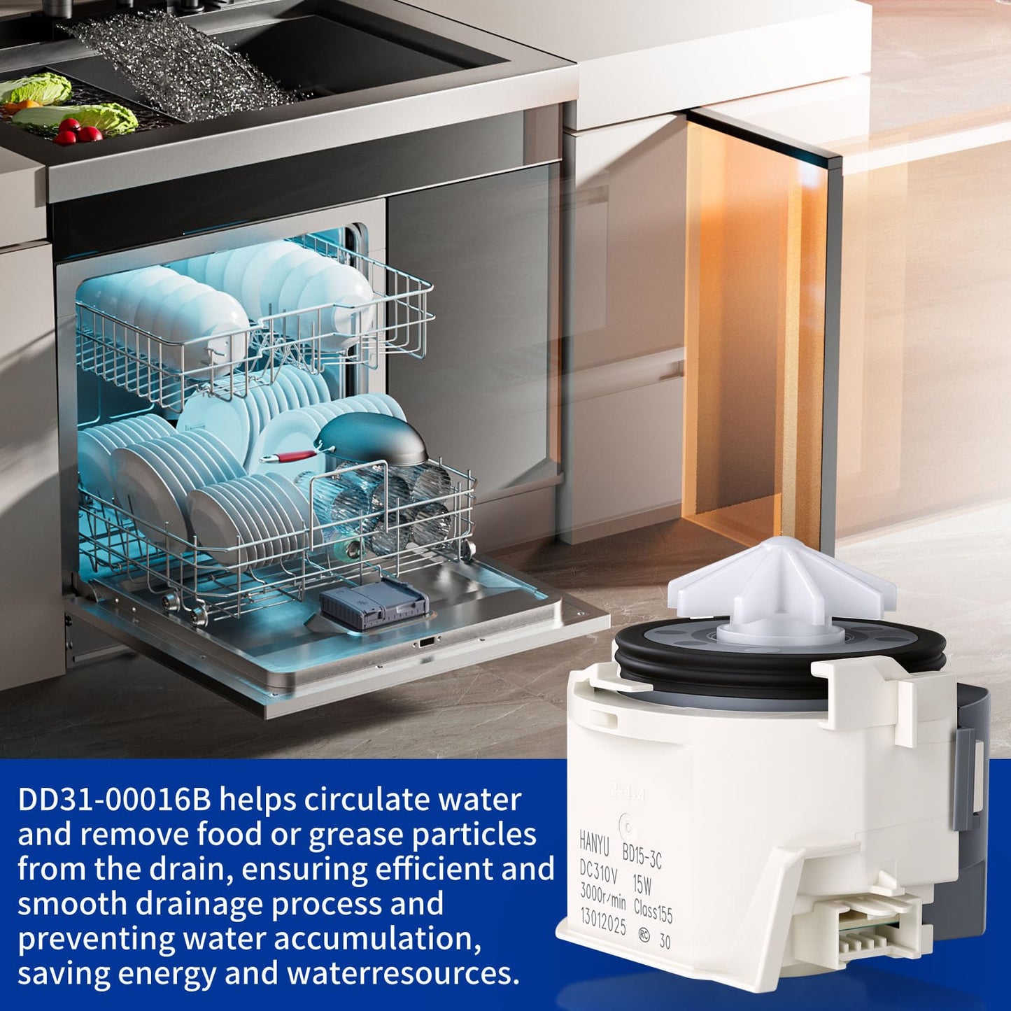 DD31-00016B BD15-3C Dishwasher Drain Pump Fit for Sam-sung DW80CG5450SRAA DW80CG5450MTAA DW80CG5451SRAA DW80CG5451MTAA DW80CG5420SRAA DW80CG5420MTAA DW80CG5020SRAA DW80CB5450APAA DW80CB545012AA