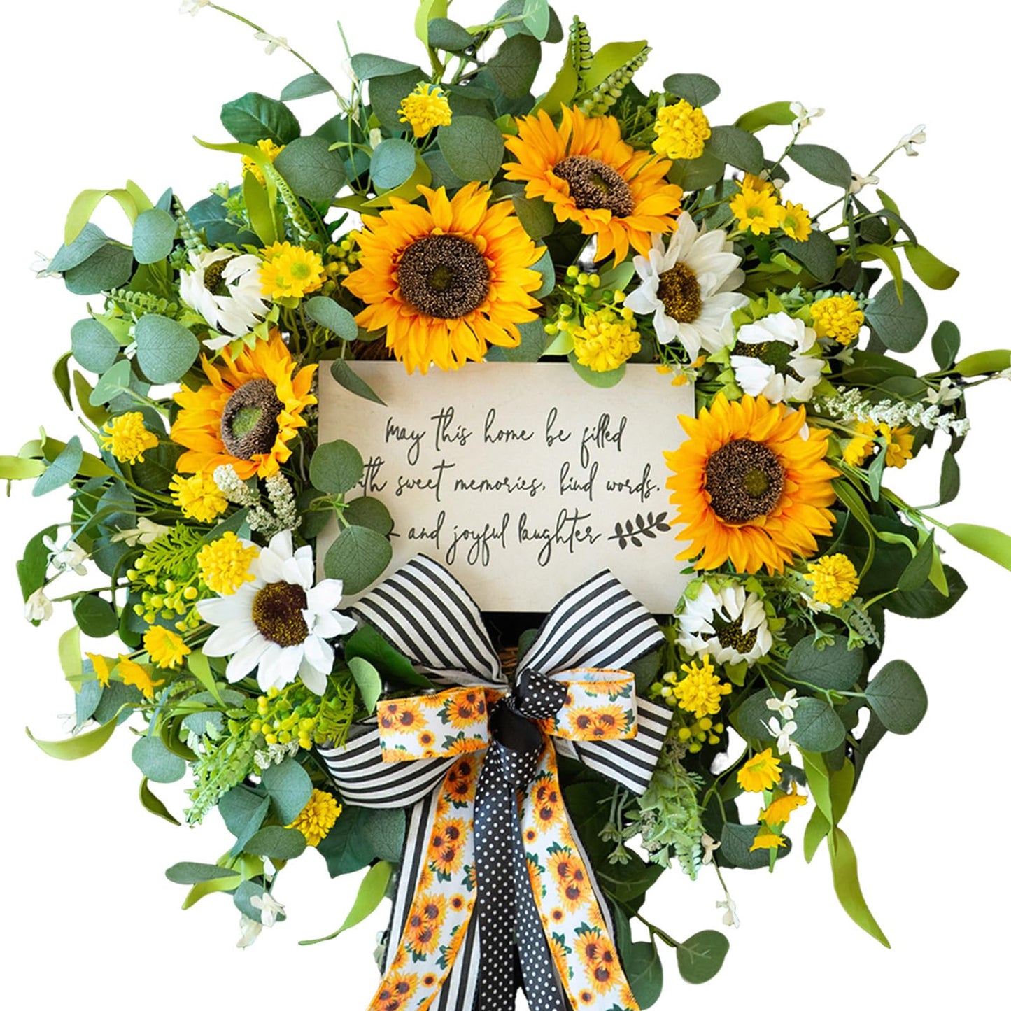 CHvista Spring Wreaths for Front Door 24 Inch Handmade Spring Summer Wreath with Artificial Sunflowers,Welcome Message Sign & Elegant Bow and White Yellow Daisy Wildflowers for Home,Porch&Gift Giving