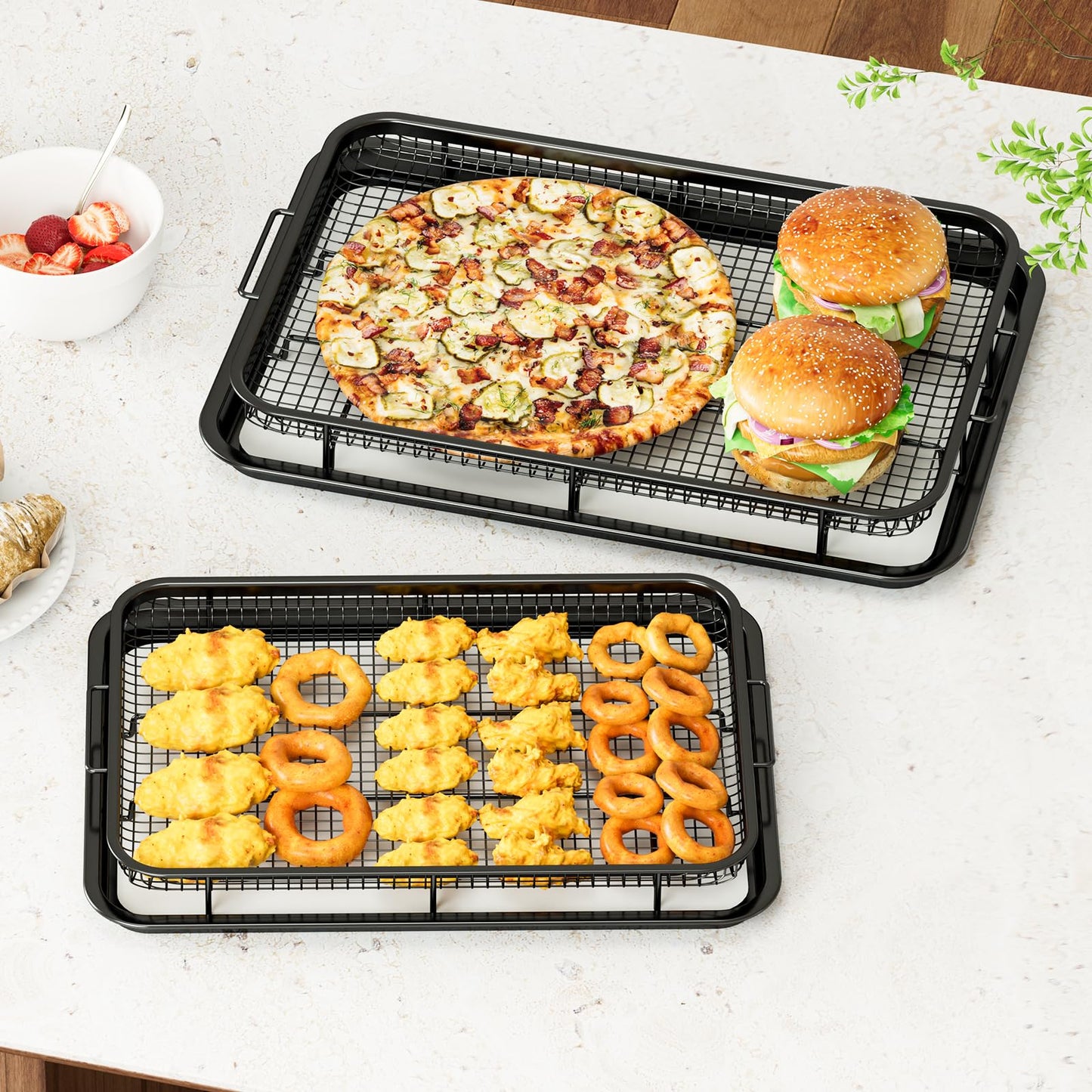 Air Fryer Basket for Oven,2 Set Air Fryer Basket and Tray Set with 60 Sheets Parchment Papers,THORSES Food-Grade Stainless Steel Air Fryer Pan and Crisper Tray-Black Large15"×11"&Medium13.4"×9.6"