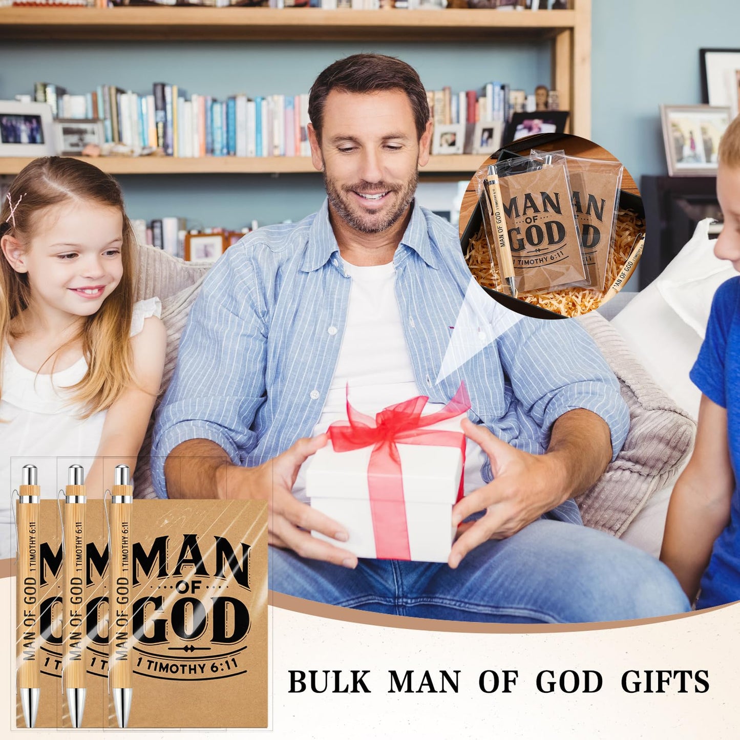 Sinload 50 Set Father's Day Christian Gifts for Men Man of God Gifts 1 Timothy 6: 11 Man of God Notebook and Pen Set Religious Prayer Journal Bible Verse Notepad Bamboo Pen