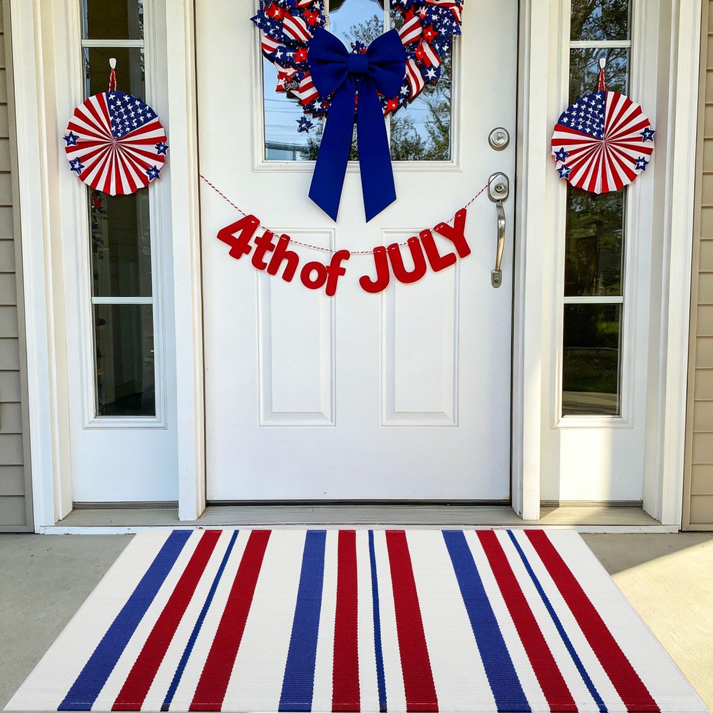 USA 250th Anniversary Patriotic Doormat, 2'4" x 3'7" Red White and Blue Striped Outdoor Rug, Washable Farmhouse Front Porch Welcome Mat for Memorial Day, 4th of July, and Independence Day Decor