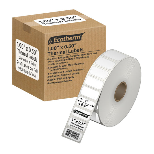 1" x .5" Thermal Labels | 4 Rolls | 9800 Labels | fits Zebra, Godex, Arkscan, iDPRT, Offnova Thermal Label Printers and More | Blank White Adhesive Stickers by Ecotherm