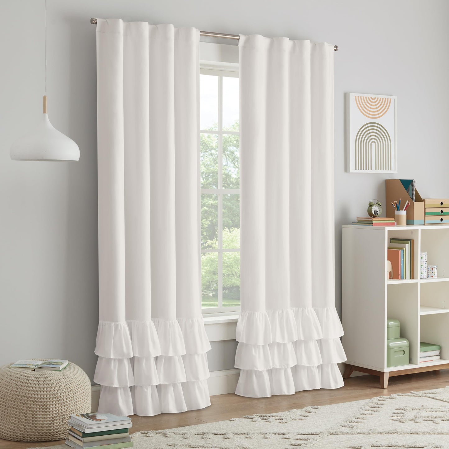 Eclipse Blackout Curtain, Tiered Ruffle Kids Curtain, 84 in x 40 in, Thermaback 100% Blackout Curtain with Rod Pocket Header, Curtain for Kids Room or Playroom, 1 Window Curtain, White