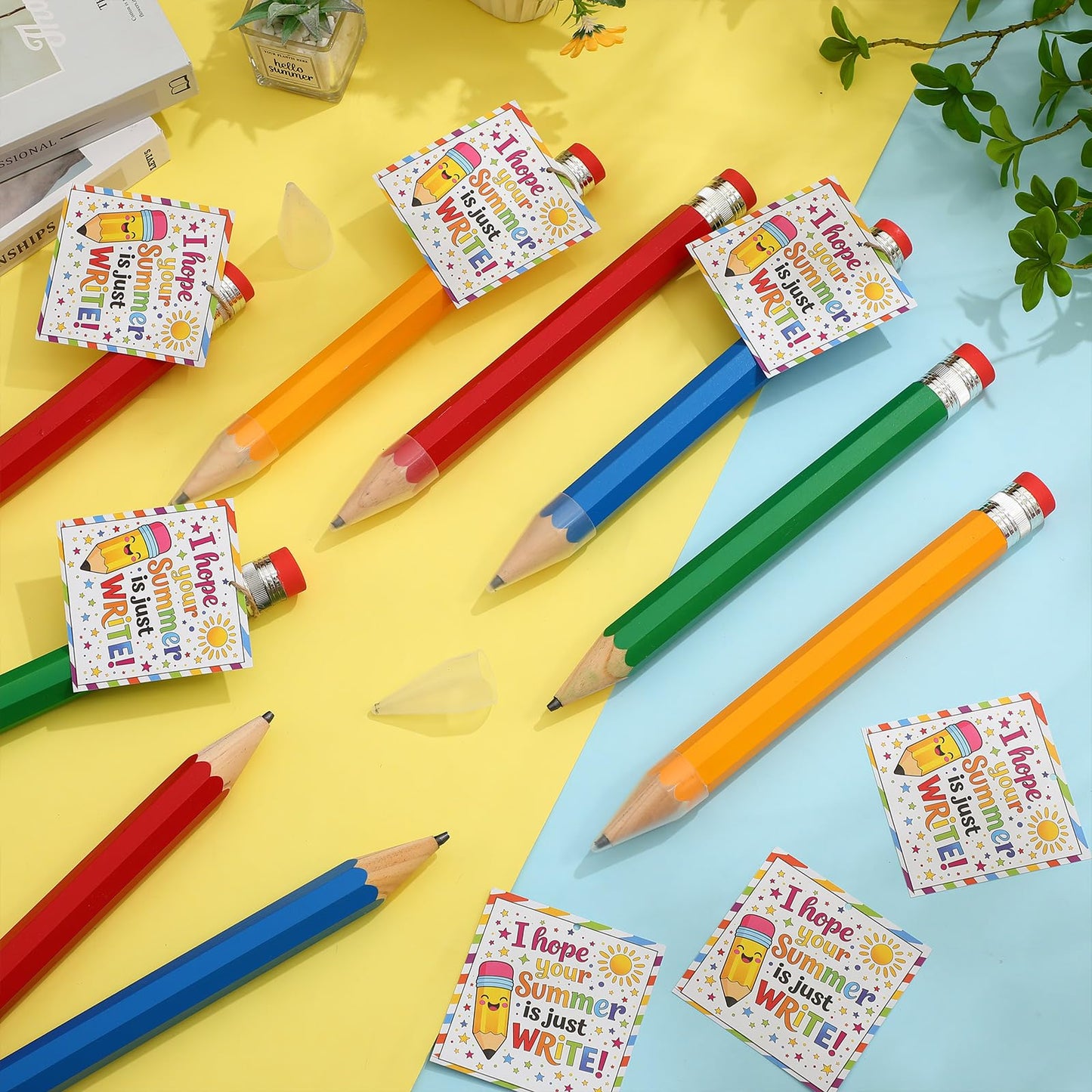 Humyoun 24 Sets End of the Year Student Gifts 13 Inch Big Wooden Jumbo Pencils Set of Giant Pencil Prop with Summer Greeting Card Large Pencils with Cap Preschool Kindergarten Graduation Gift