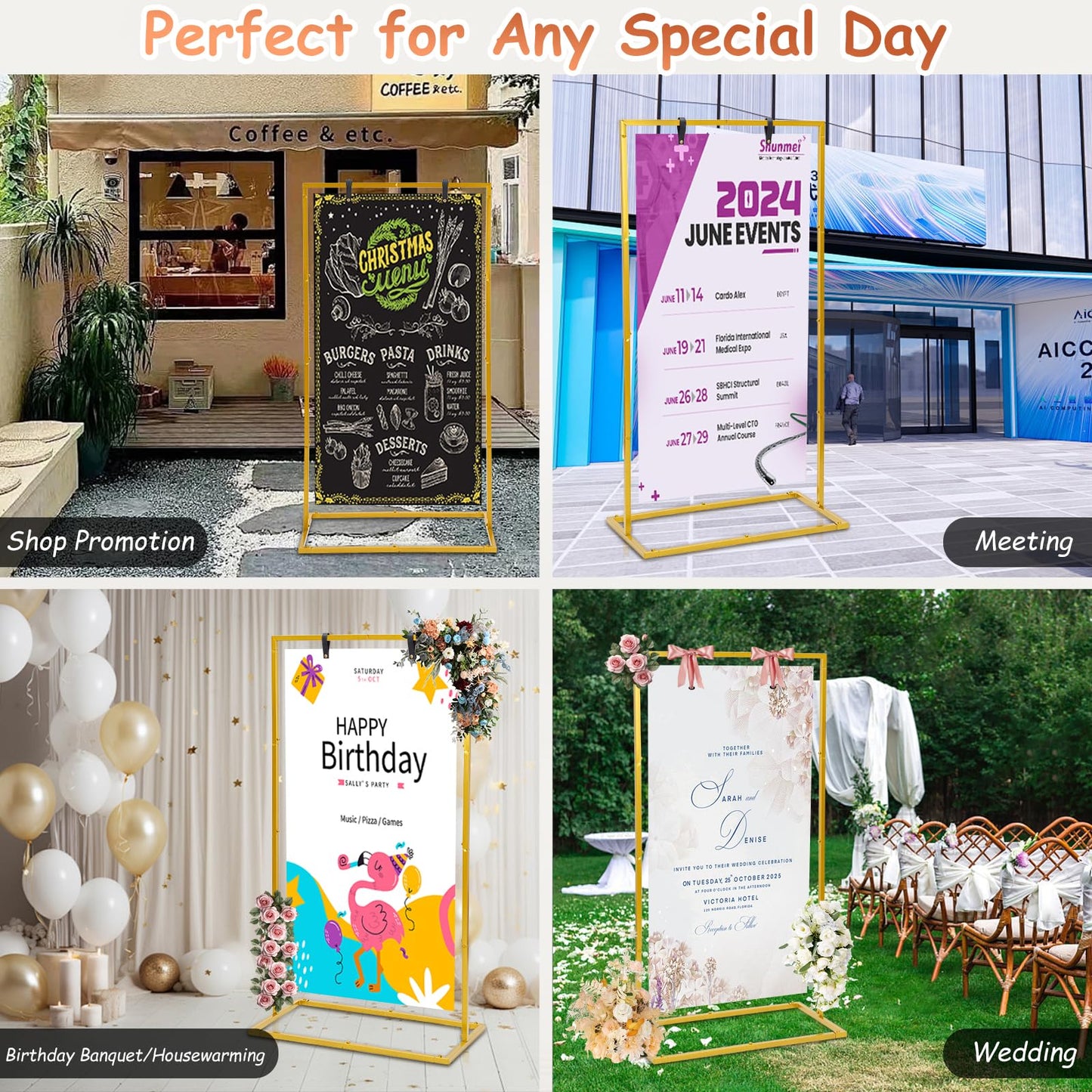 Elegant Wedding Sign Stand & Holder,Golden Heavy Duty Metal Wedding Welcome Sign Stand for Reception,Welcome to Our Wedding Hanging Sign Stand - Perfect for Seating Chart, Posters, and Decor