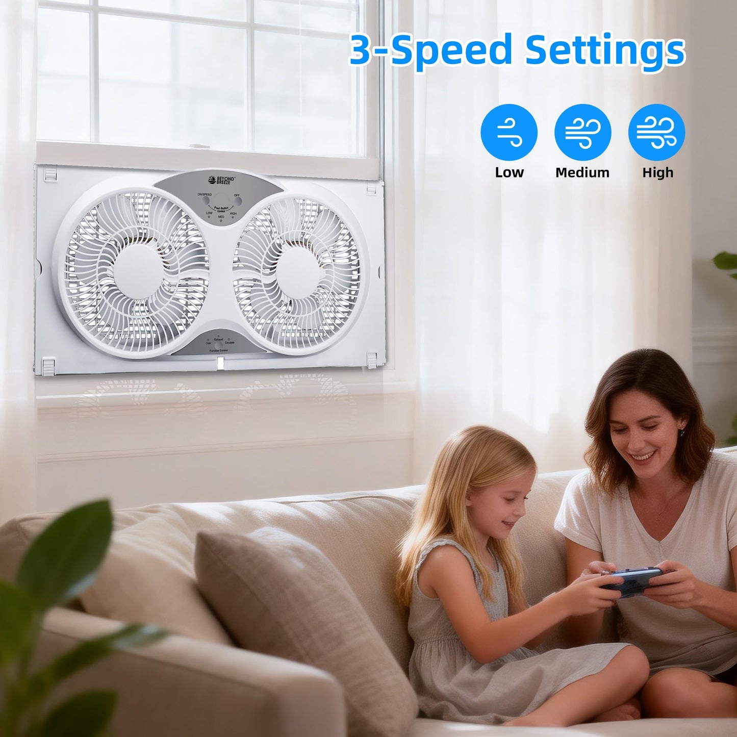 BEYOND BREEZE Window Fan Reversible Airflow, 9" Dual Window Fan with 3-Speed 3 Modes (Cool, Circulate, Exhaust), Remote Control Twin Window Fan 23.5" to 37" Adjustable Width for Bedroom, Kitchen, Home