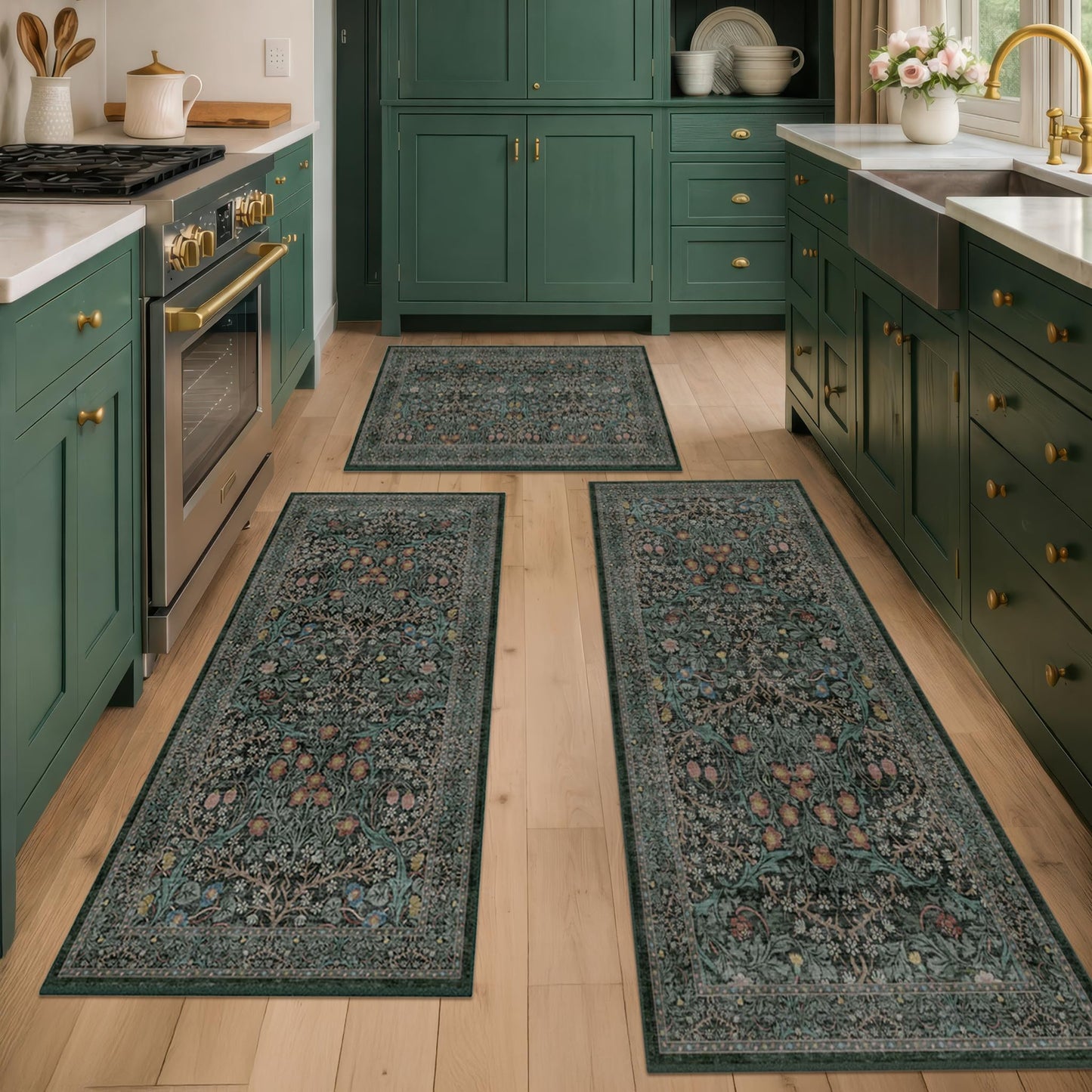 Black Green Kitchen Rug Set of 3, Washable Non-Slip Mats with Runner, Low Pile Vintage Botanical Floor Covering for Entryway, Bathroom, Hallway, Laundry Room