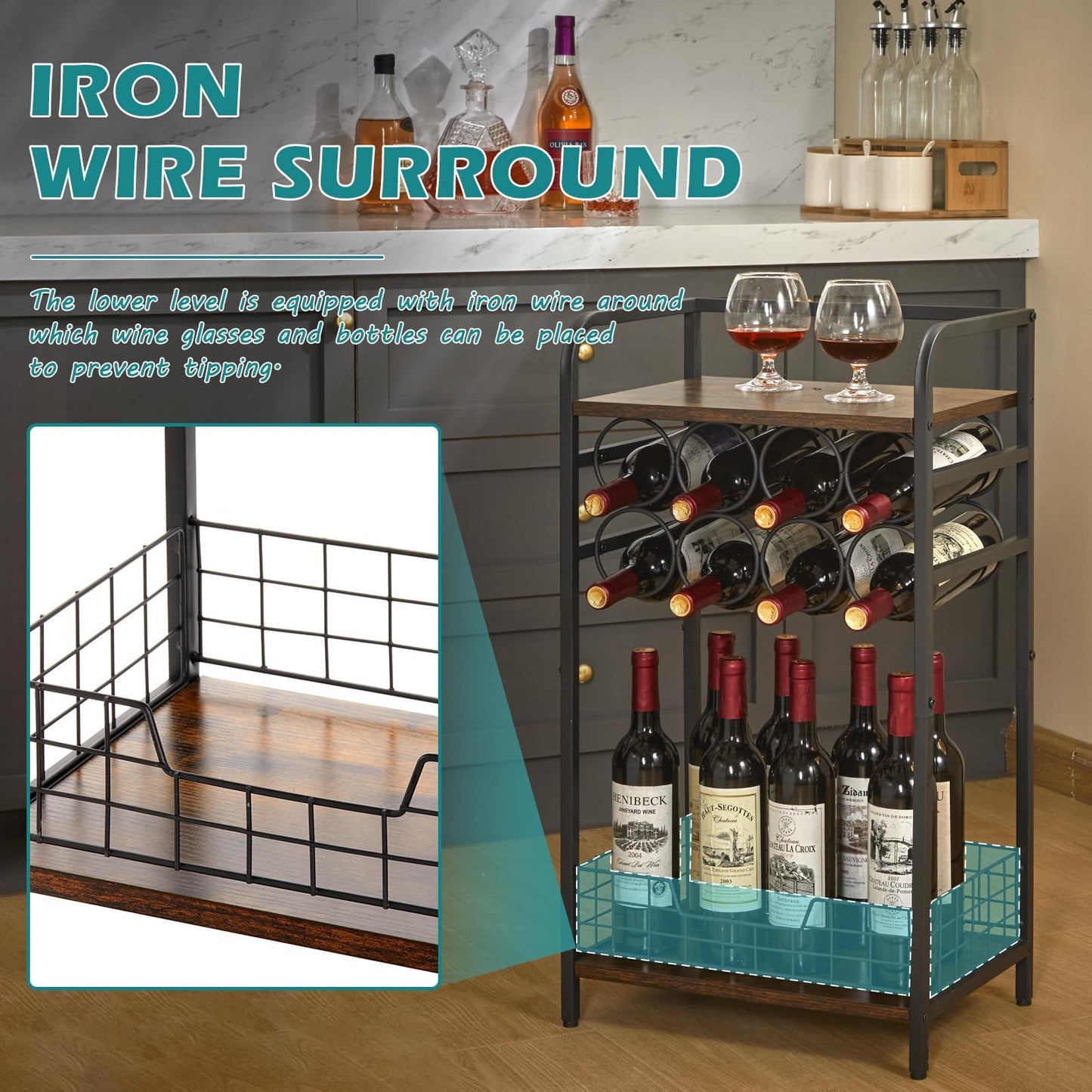 Bosimeca 3-Tier Wine Rack Freestanding Floor Cabinet Corner Bar Cabinet Bar Cart,12 Individual Wine Storage Bottle Compartments Corner Bar Cabinet Holder (3-Tier Wine Rack 07)