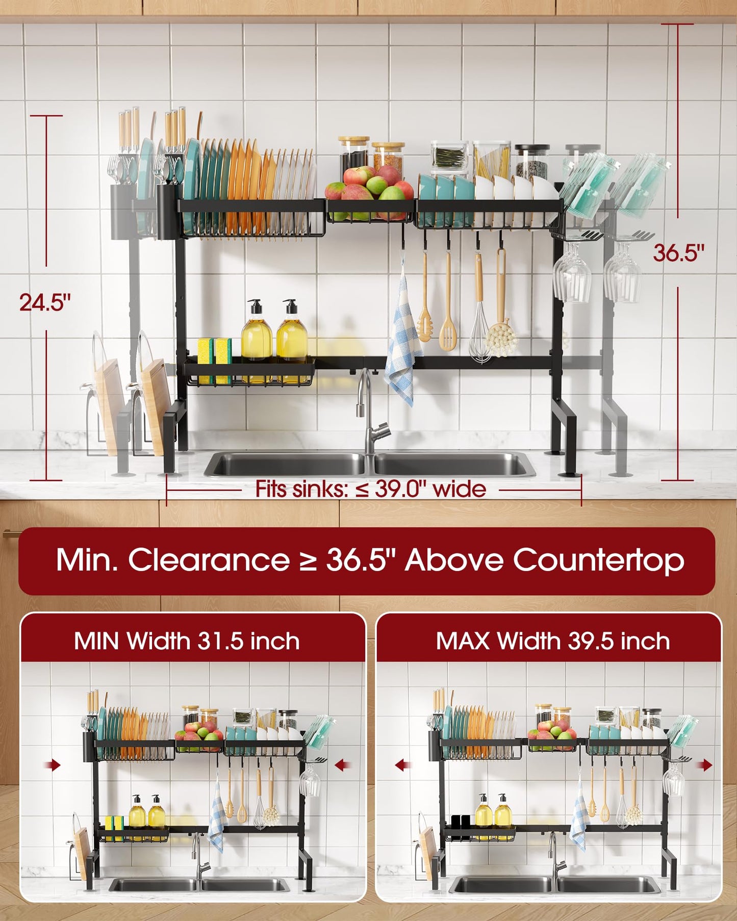 Sakugi Over The Sink Dish Drying Rack - Adjustable 2 Tier X-Large Capacity Stainless Steel Drainer with Cutlery & Utensil Holders, Kitchen Storage & Organization, 31.5"-39.5"L x 12"W x 24.5"H, Black