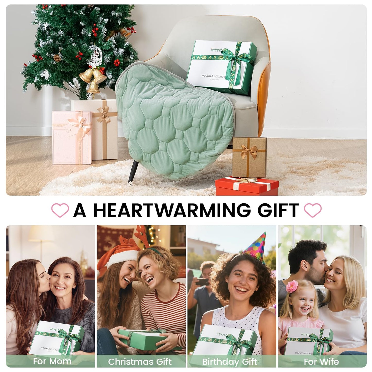 immtree Weighted Heating Pad for Period Cramps, 29" x 24" Extra Large Electric Heated Pads 7 lbs, Back Shoulder Knee Abdomen Pain Relief, Soft Warm Heavy Lap Blanket, Christmas Gift, Grey Green