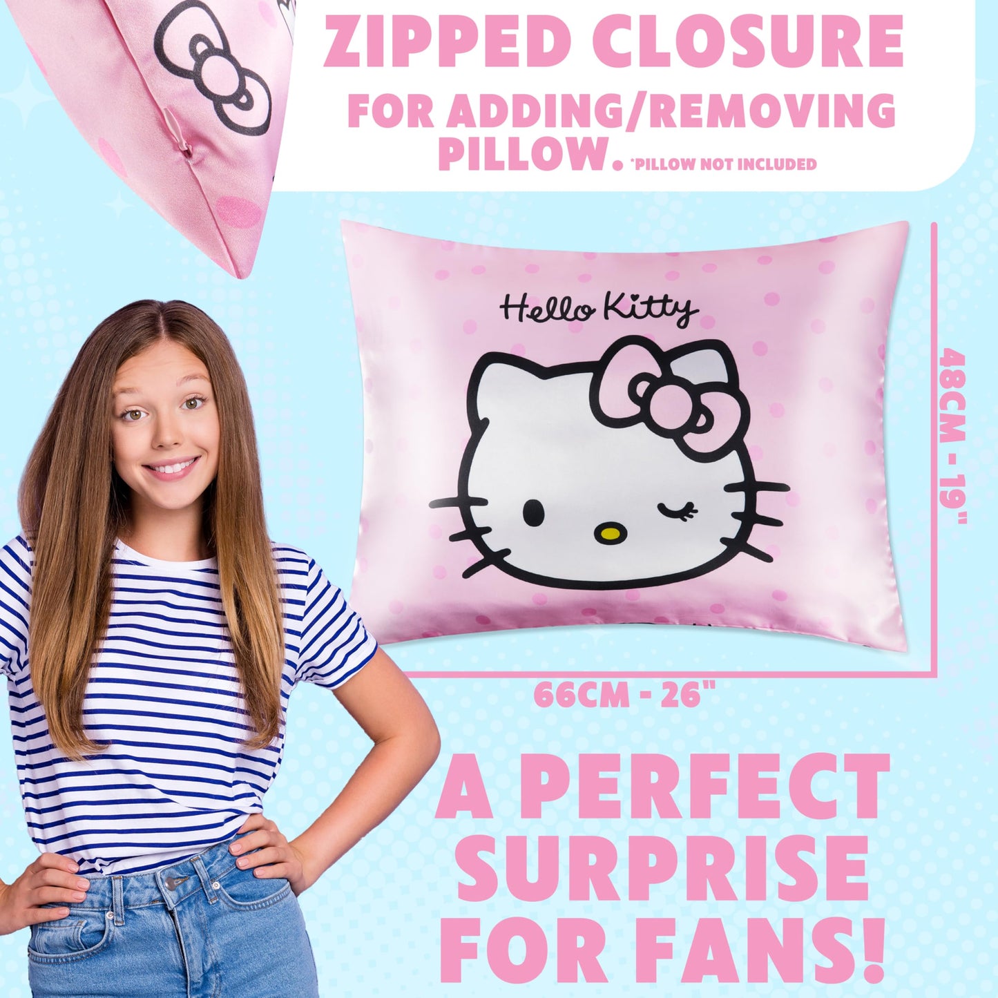 Hello Kitty Satin Pillowcase for Hair Skin Benefits, 19”x26” Soft and Cooling Pillowcase with Zipper, Gifts for Women Girls Teens Wife Girlfriend