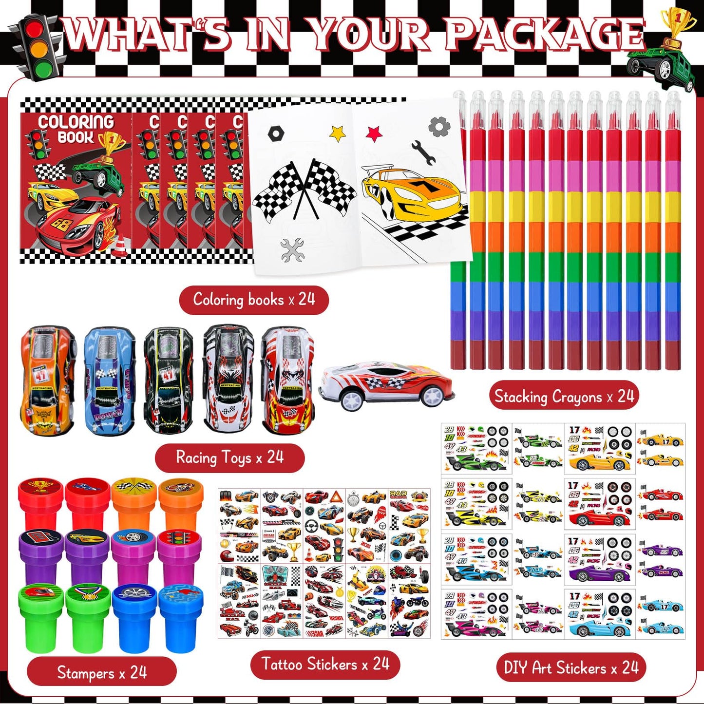 144 Pcs Race Car Coloring Book Bulk,Checkered Flags Racing Party Favors Goodie Bags Fillers, Let's Go Racing Birthday Party Supplies Classroom Reward Prizes Pinata Gift for Race Fans(Race)