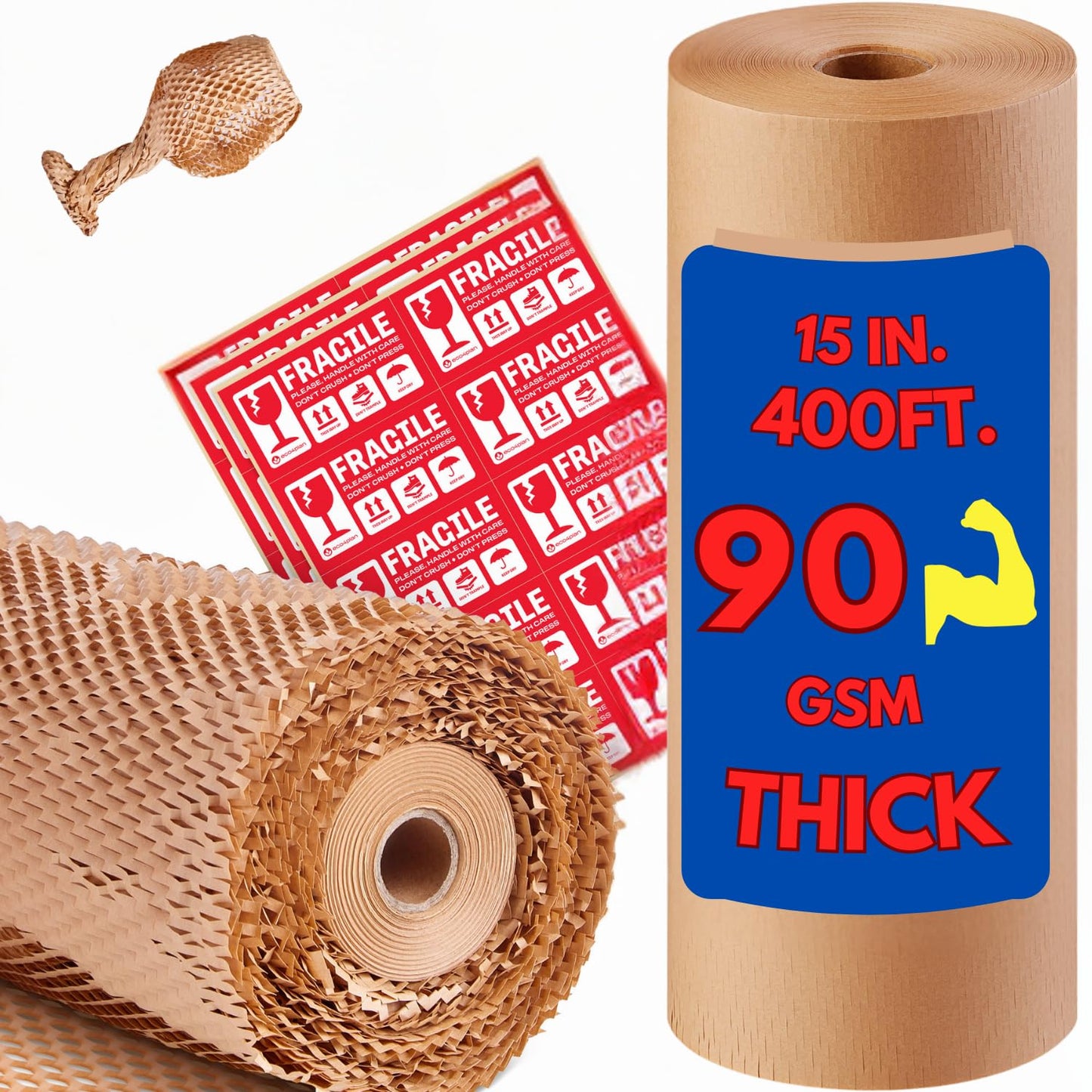 eco4plan Honeycomb Packing Paper | Extra Thick 90 GSM Packing Wrap | Biodegradable Packing Materials: 15” x 400’ Moving Paper + 30 Fragile Stickers | Paper Bubble Wrap/Packing Bubbles Substitute