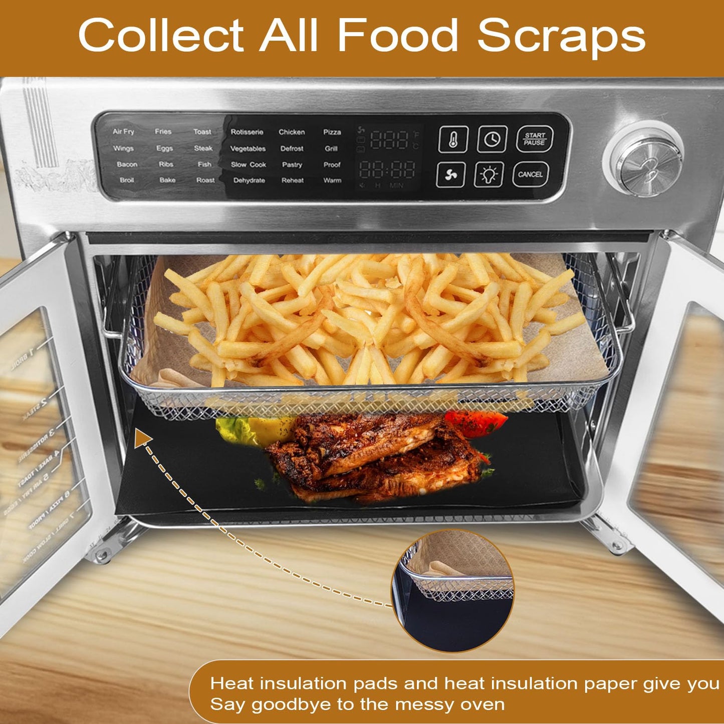 GWYSY 5-Pack Air Fryer Replacement Set for Emeril Lagasse 26QT, Includes Non-Stick Baking Pan, Basket, Air Fryer Rack, 2 Mats & 100 Parchment Papers, Stainless Steel Bakeware Set