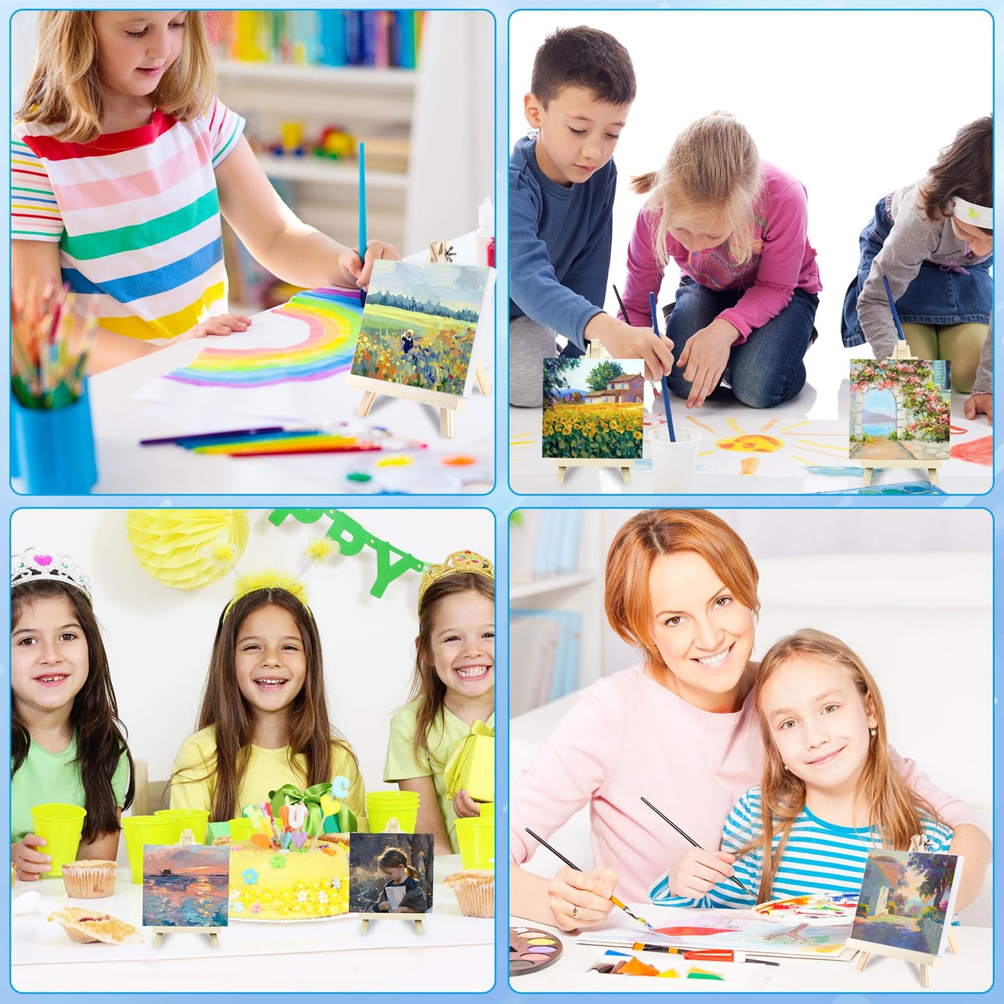 Merkaunis 24 Set Mini Canvas Paint and Easel Set Art Painting Kits Includes 4x4 Inch Canvas Boards,Paint Brushes,8 Colors Acrylic Paint, Art Set Gifts, for Oil Painting Crafts Party