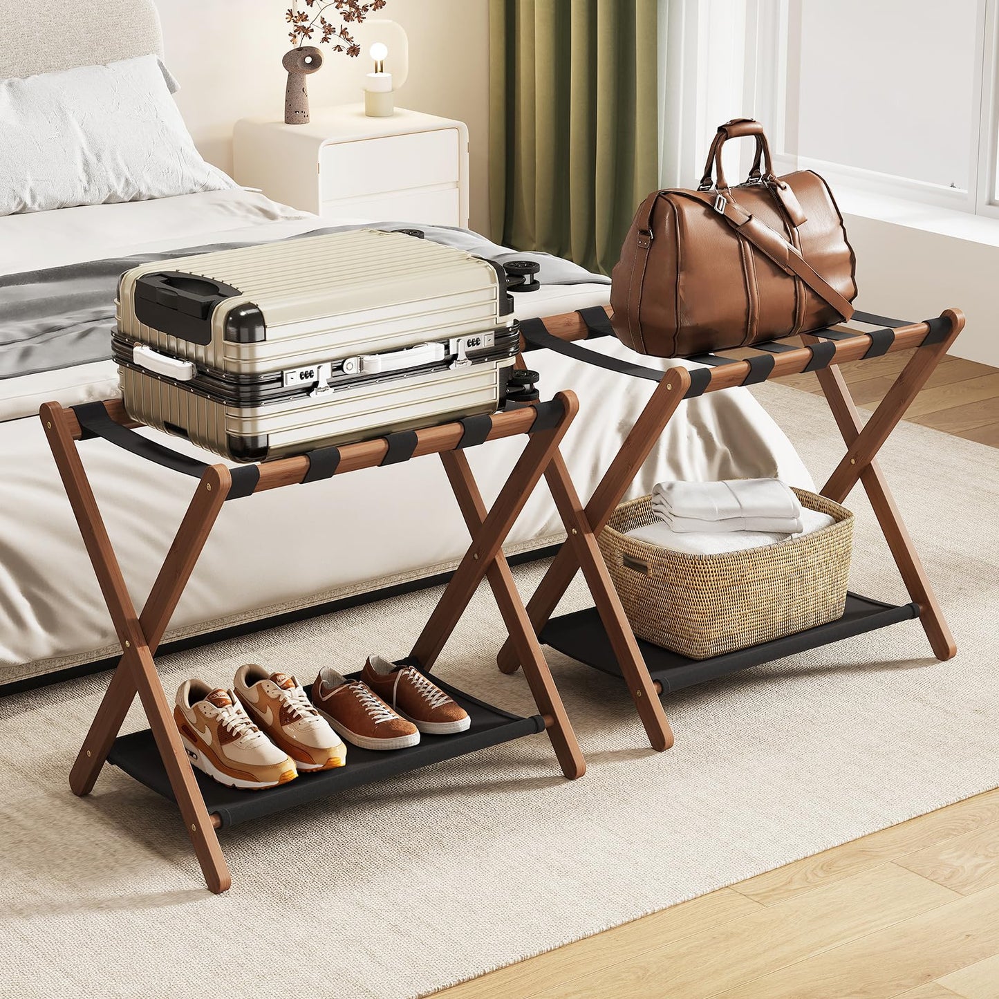 Fully Assembled Luggage Rack, Walnut Luggage Rack for Guest Room, Bamboo Folding Suitcase Stand with Storage Shelf, 5 Nylon Straps, Luggage Holder for Bedroom Hotel, 26.77"W x 16.93"D x 22.5"H, 1 Pack