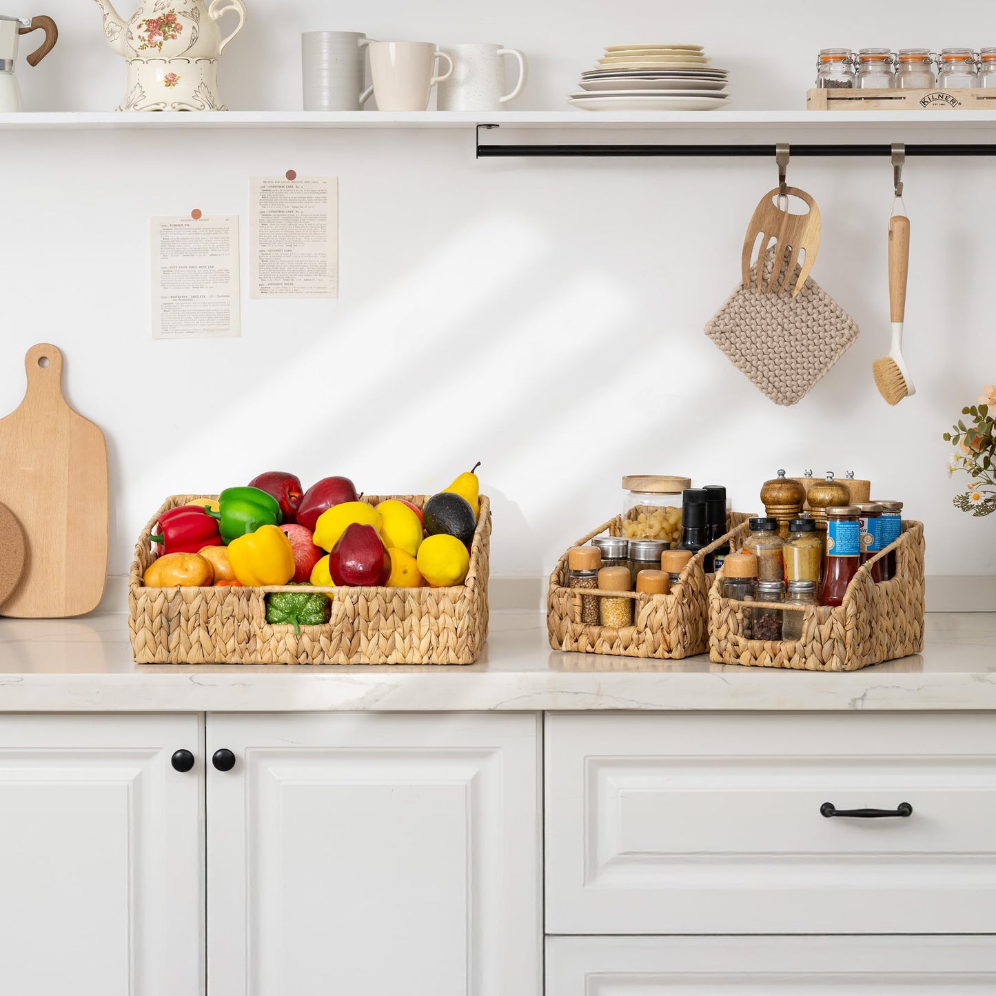 StorageWorks Water Hyacinth Pantry Storage Baskets, Wicker Baskets with Built-in Handles, Handwoven Shelf Baskets for Organizing, Pantry Organizers and Storage, 3 Pack