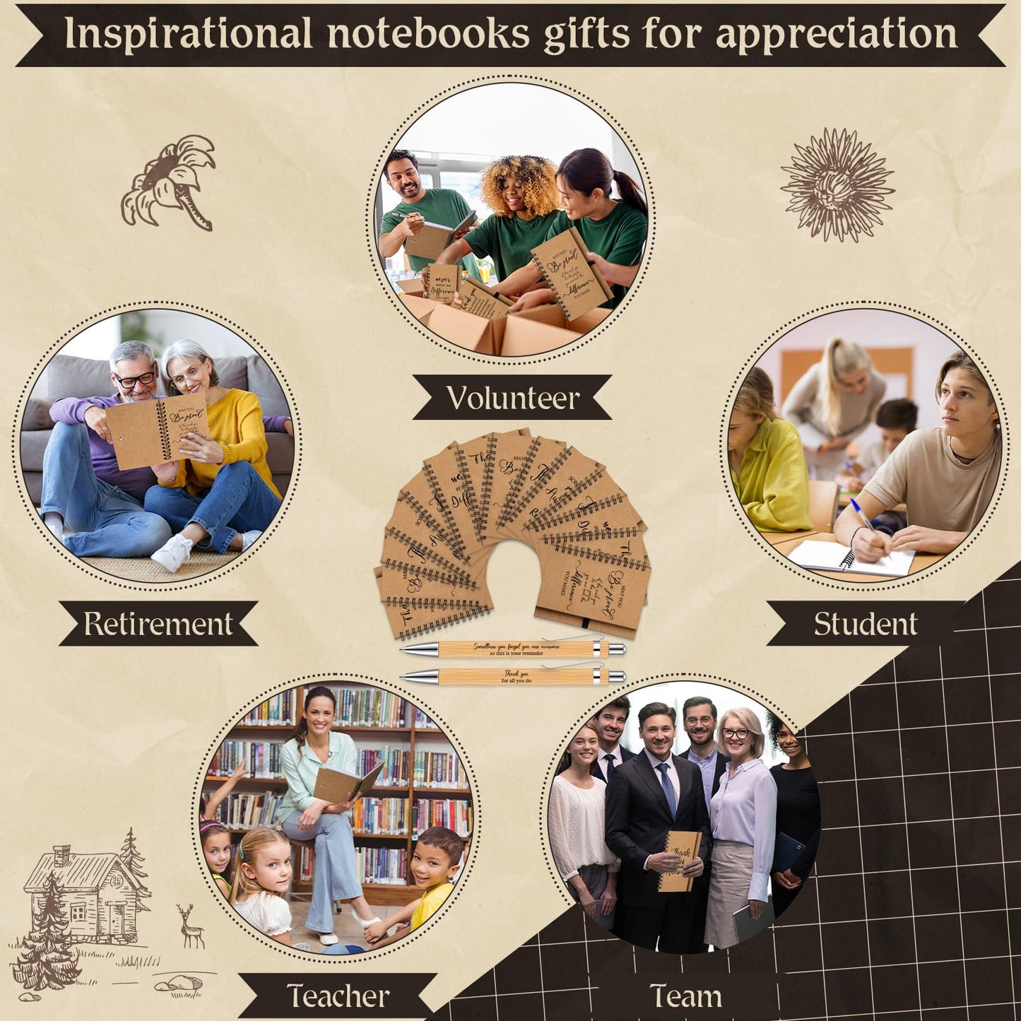 Tenceur 30 Pack Spiral Notebooks Sets Employee Appreciation Gifts Bulk Inspirational Spiral Journals with Motivational Bamboo Pens Thank You Gifts for Staff Teacher Coworker