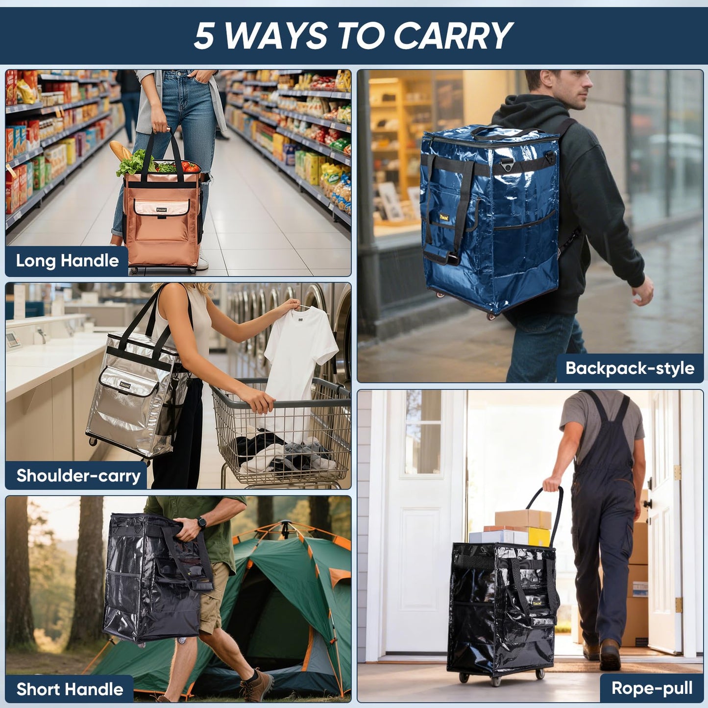 BALEINE Reusable Grocery Bags on Wheels, Rolling Tote Bag, Shopping Trolley, Large Backpack Shopping Carts for Groceries (14"x8.5"x22", Navy)