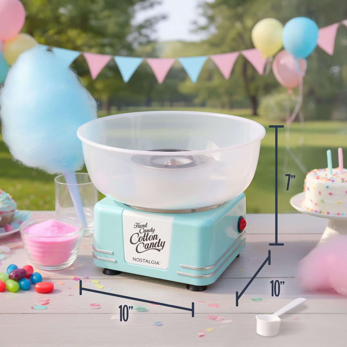 Nostalgia Countertop Cotton Candy Machine – Use Normal or Sugar-Free Candy or Flossing Sugar – Includes 2 Reusable Cones and Measuring Scoop – Aqua