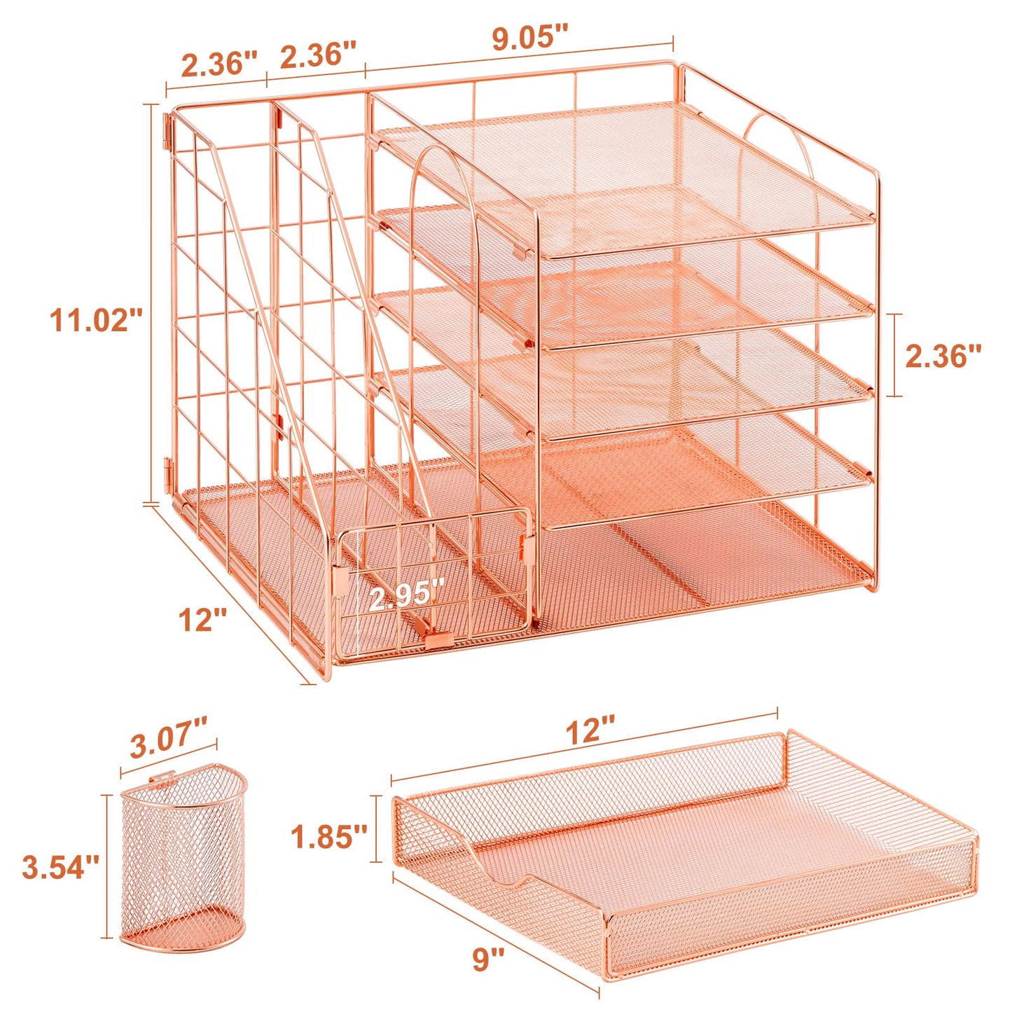 Marbrasse Rose Gold Desk Organizer with File Holder, 5-Tier Paper Letter Tray Organizer and Drawer, Mesh Desktop Storage with Magazine Holder for Office Supplies