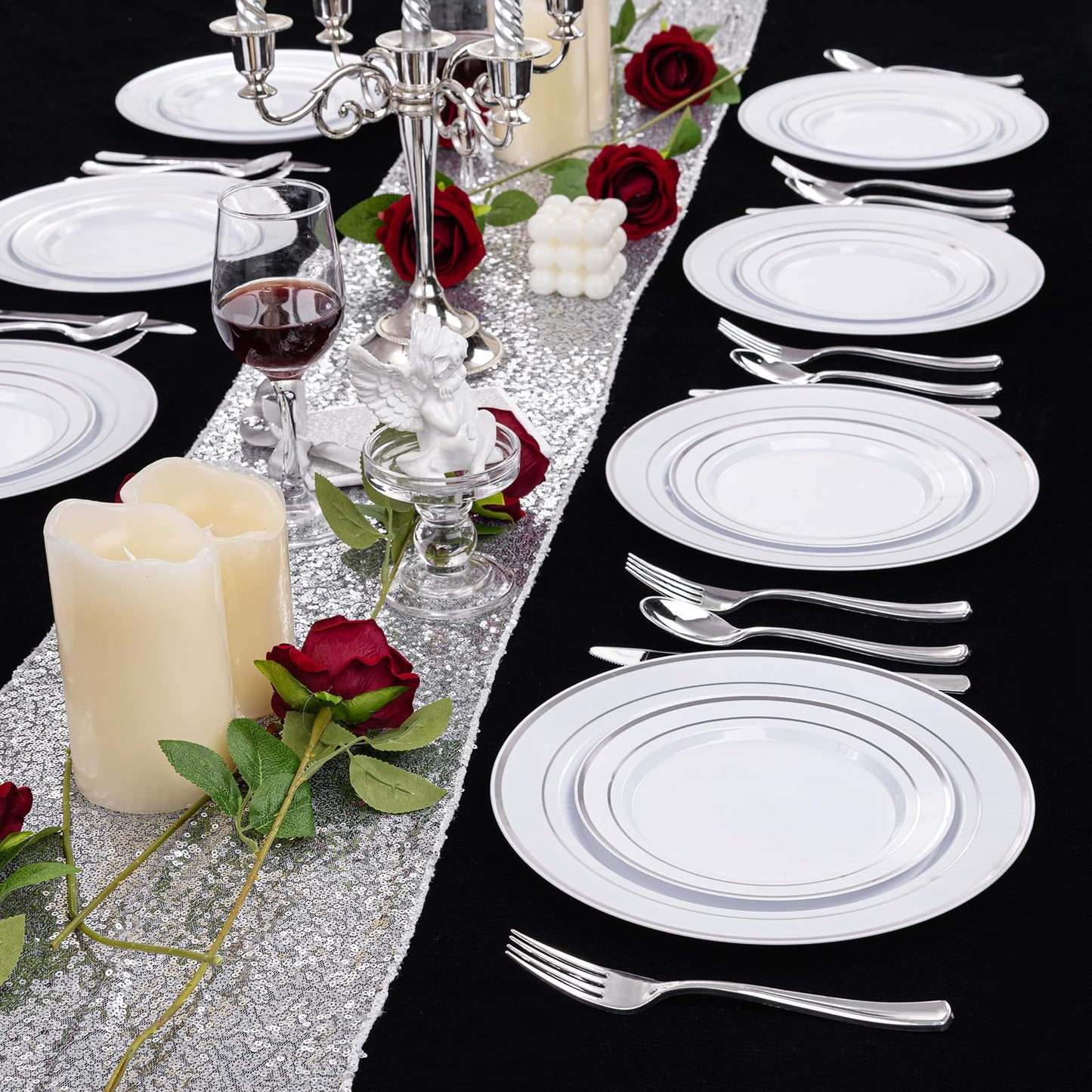 I00000 200 Pcs Silver Plastic Plates - Silver Disposable Party Plates Include 100 Dinner Plate and 100 Elegant Dessert Plate Perfect for Party, Holiday, Wedding & Birthday