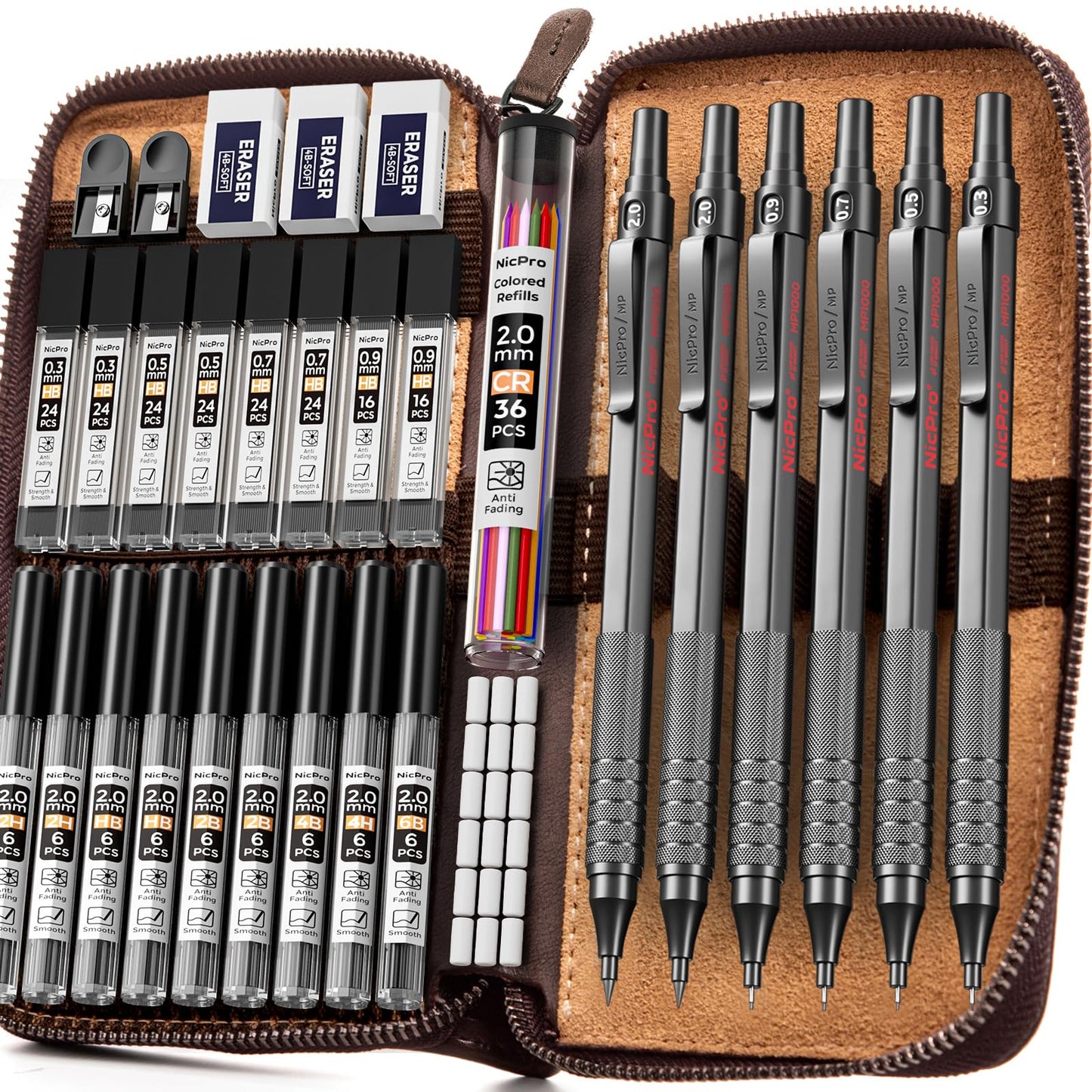 Nicpro 33PCS Black Metal Mechanical Pencil Set in Leather Case, Art Drafting Pencil 0.3, 0.5, 0.7, 0.9 mm, 2mm Lead Holders for Sketching Drawing with 18 Tube (6B 4B 2B HB 2H 4H Colors) Lead Refills