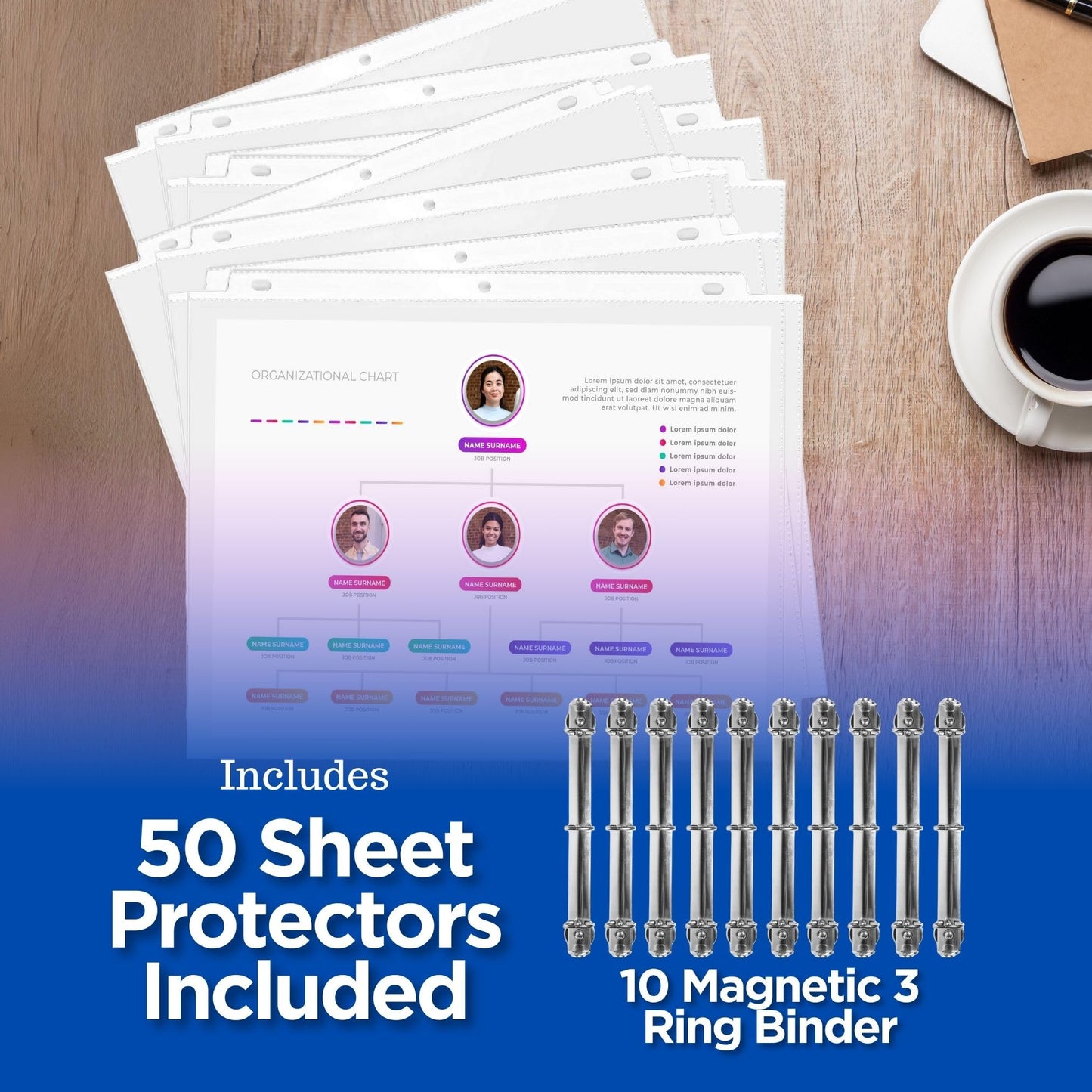 Magnetic 3 Ring Binder Locking Mechanism – 10 Pack – for Hanging 8.5 x 11 Inch Sheets of Paper – 3 Rings – 1 Inch D Shaped Rings – 5S Visual Aid - 50 Sheet Protectors Included