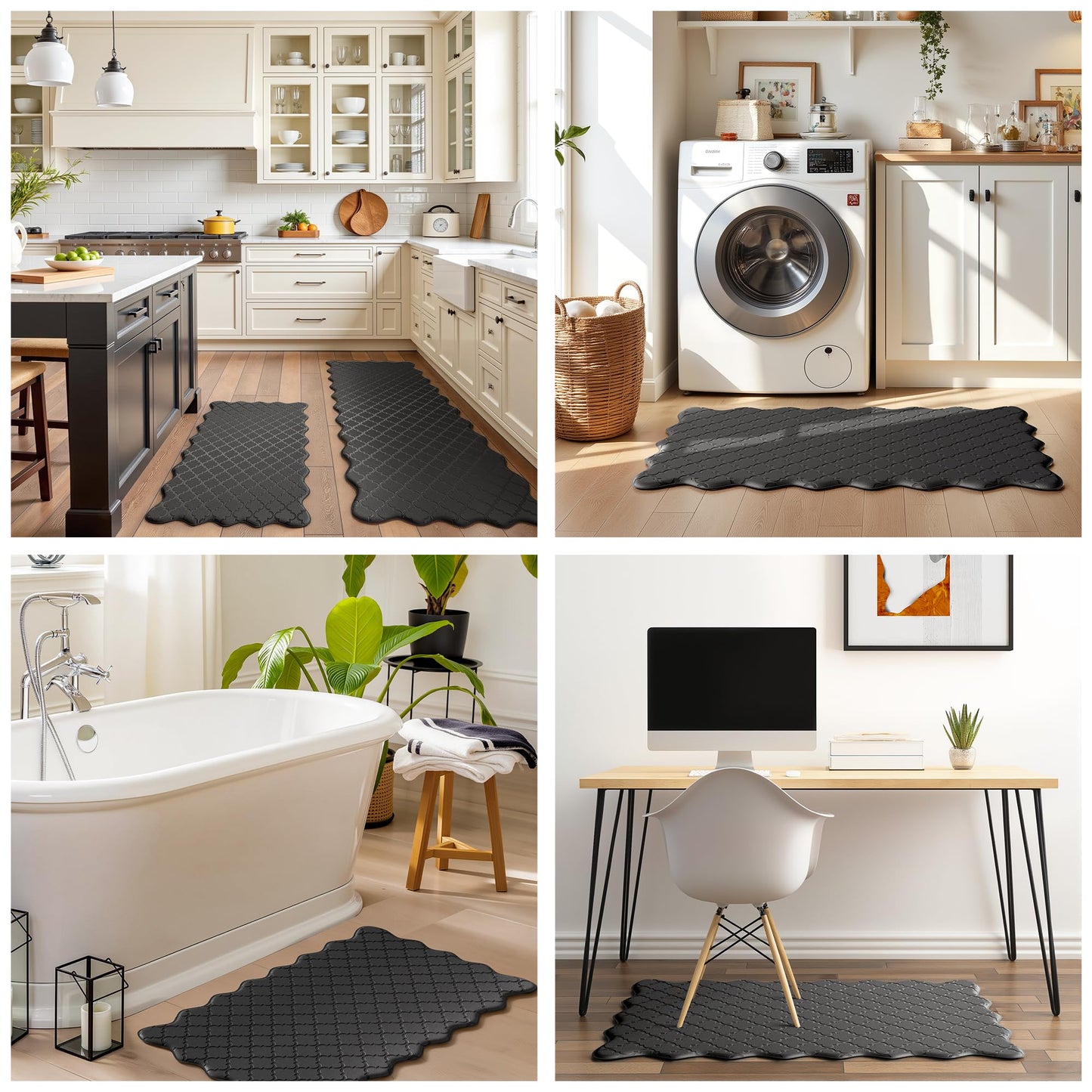 Arenarug Upgrade Scalloped Embossed Kitchen Mats for Floor 2PCS Cushioned Anti Fatigue Waterproof Foam Kitchen Rugs Non Slip Washable Comfort Standing Mat for Sink Laundry, 17.3"x30"+17.3"x59", Black