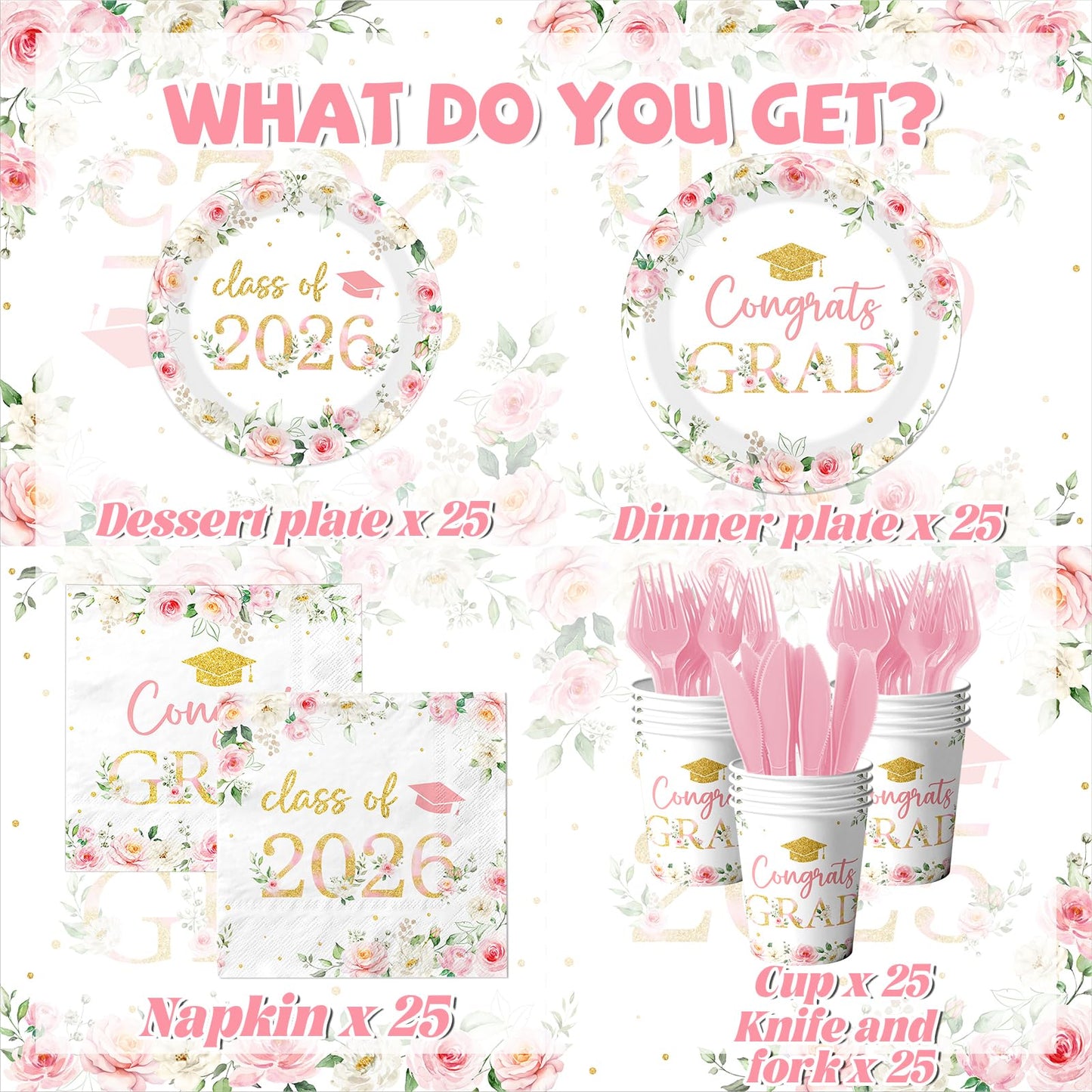 Class of 2026 Graduation Party Supplies,150Pcs Floral Congrats Grad Party Plates and Napkin Pink Gold Floral Graduation Theme Tableware for Class of 2026 Congrats Grad Party Serve 25
