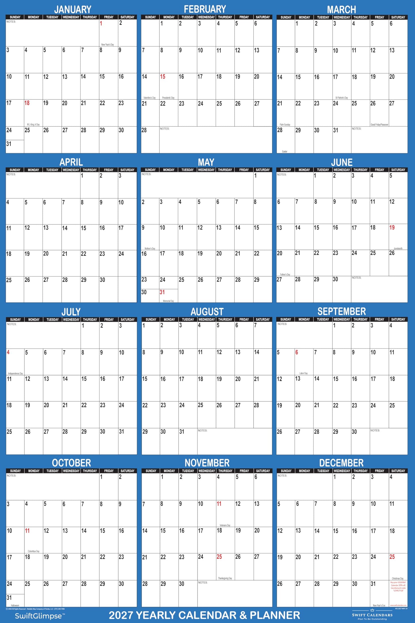 24" x 36" SwiftGlimpse 2027 Wall Calendar Erasable Large Wet & Dry Erase Laminated 12 Month Annual Yearly Wall Planner, Reversible, Horizontal/Vertical, Navy