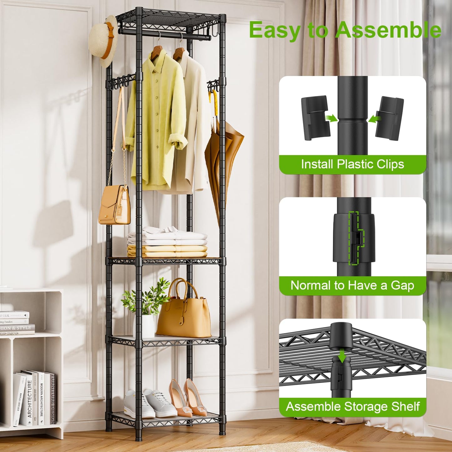 Roxibelt R1 Clothes Rack Heavy Duty, Clothing Racks for Hanging Clothes, Garment Rack with Storage Shelves, Small Coat Rack Freestanding for Entryway, Hallway, Bedroom, Max Load 448 Lbs, Black