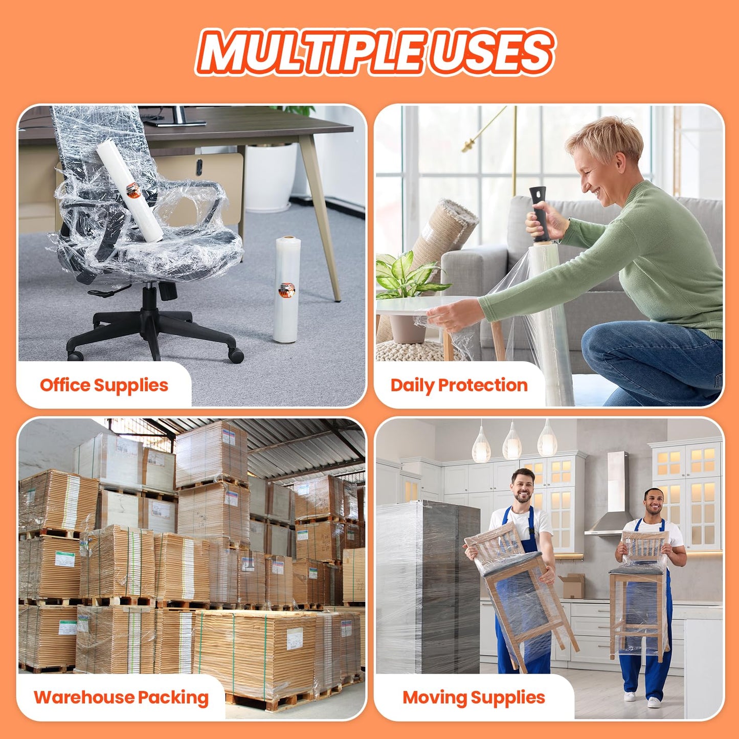 MUNBYN Shrink Wrap, Stretch Wrap with Handles, Stretch Film Roll Industrial Strength, Plastic Wrap for Pallet Wrapping Shipping Moving, 15 Inch x 1000 Ft, 4 Pack, 60 Gauge