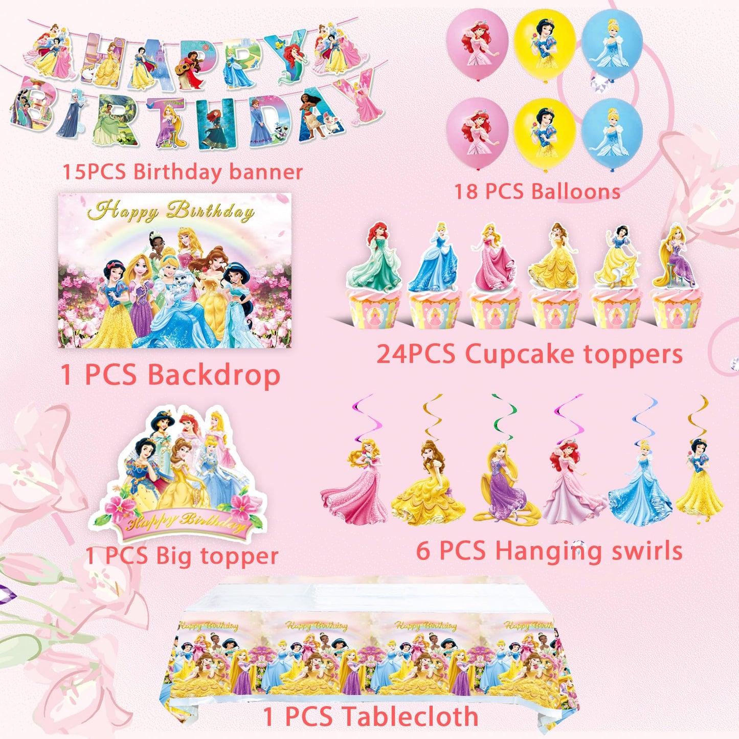 Princess Birthday Party Supplies, Party Decorations Set Include Banner, Backdrop, Balloons, Hanging Swirls, Cake Cupcake Toppers, Tablecloth for Girls Princess Theme Party