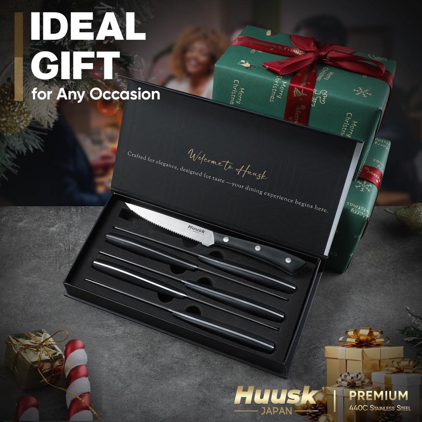 Huusk Steak Knives Set of 6, Sharp Serrated Steak Knives with Full Tang Handle, Japanese Stainless Steel Stake Knife Set for Dinner Kitchen Table, Birthday Gifts Box for Men Women