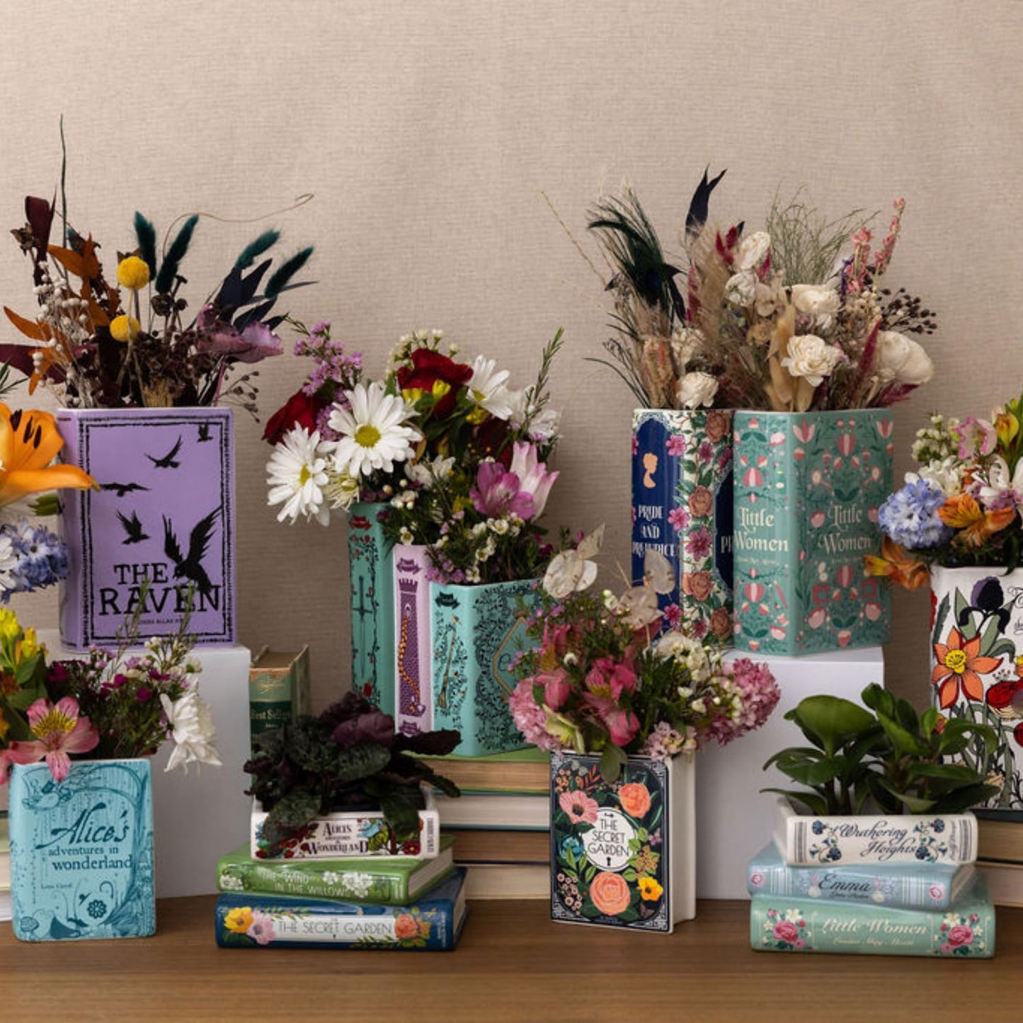Steel Mill & Co Original Triple Book-Shaped Decorative Vase, Tiered Ceramic Bookshelf Decor, Unique Flower Holder for Book Lovers, Grimm's Fairy Tales