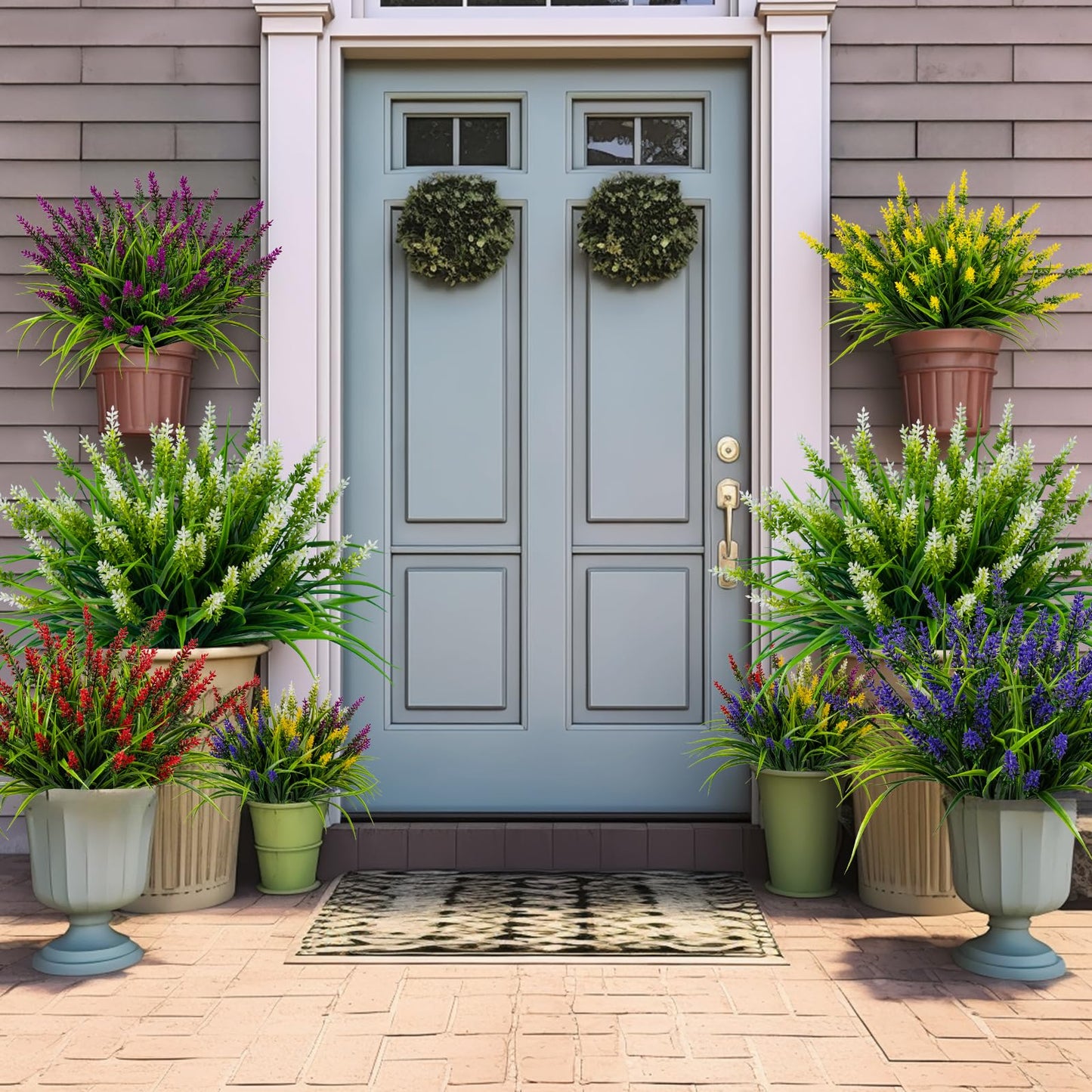 Nigirior Artificial Flowers for Outdoor Plants 24 Bundles Fake Lavender Plastic Faux Monkey Grass for Verandah Window Garden Office Patio Front Porch UV Resistant for Planter(White)