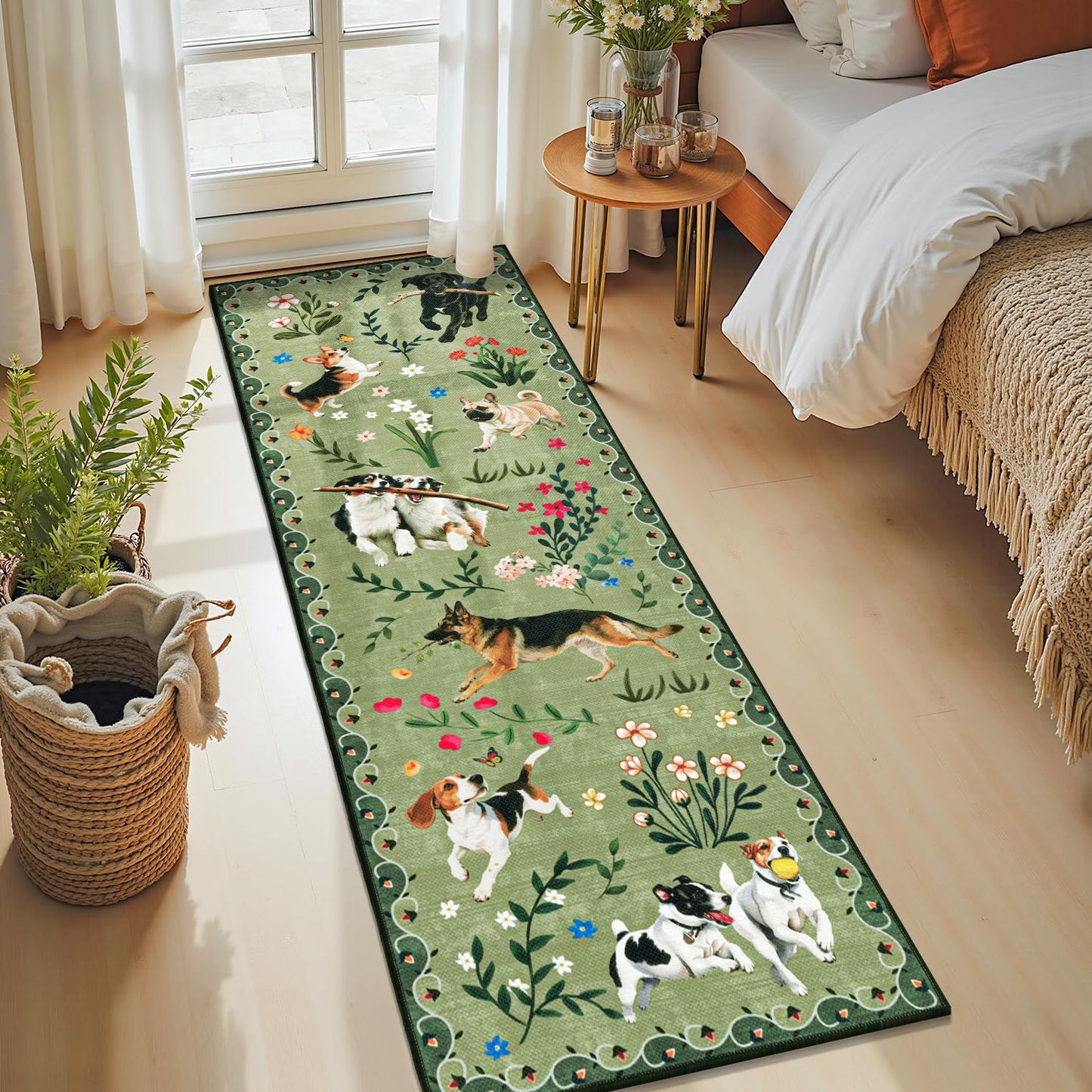 LOKHOM Hallway Runner Rug 2x8 Washable Animal Dog Print Linen Kitchen Rug with Rubber Backing, Non Slip Low Pile Soft Boho Floral Carpet for Entrance Laundry Bedroom, Green