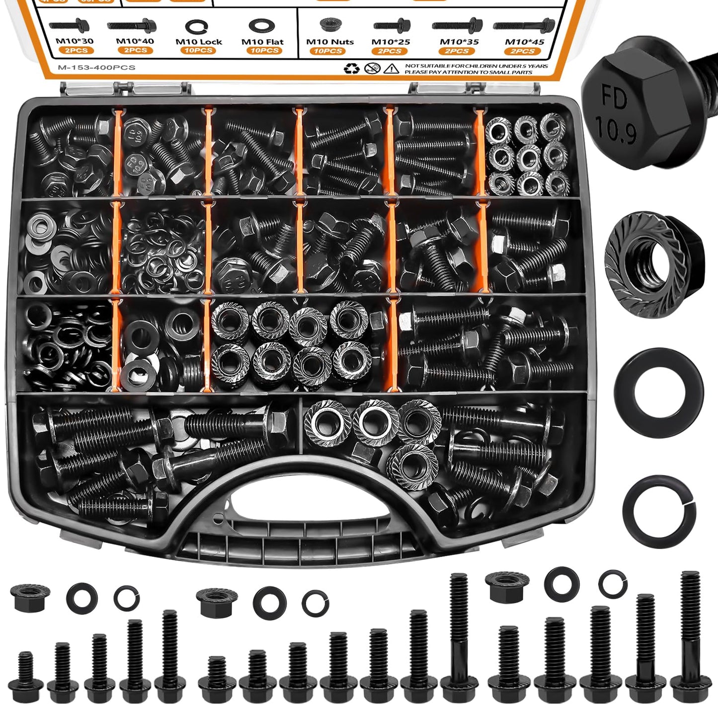 mankk 400PCS Metric Grade 10.9 Flange Bolts and Nuts Assortment Kit M6x1.0, M8x1.25, M10x1.5 (12mm to 45mm) Black Alloy Steel Class Hex Bolts and Nuts Washers Kit for Automotive