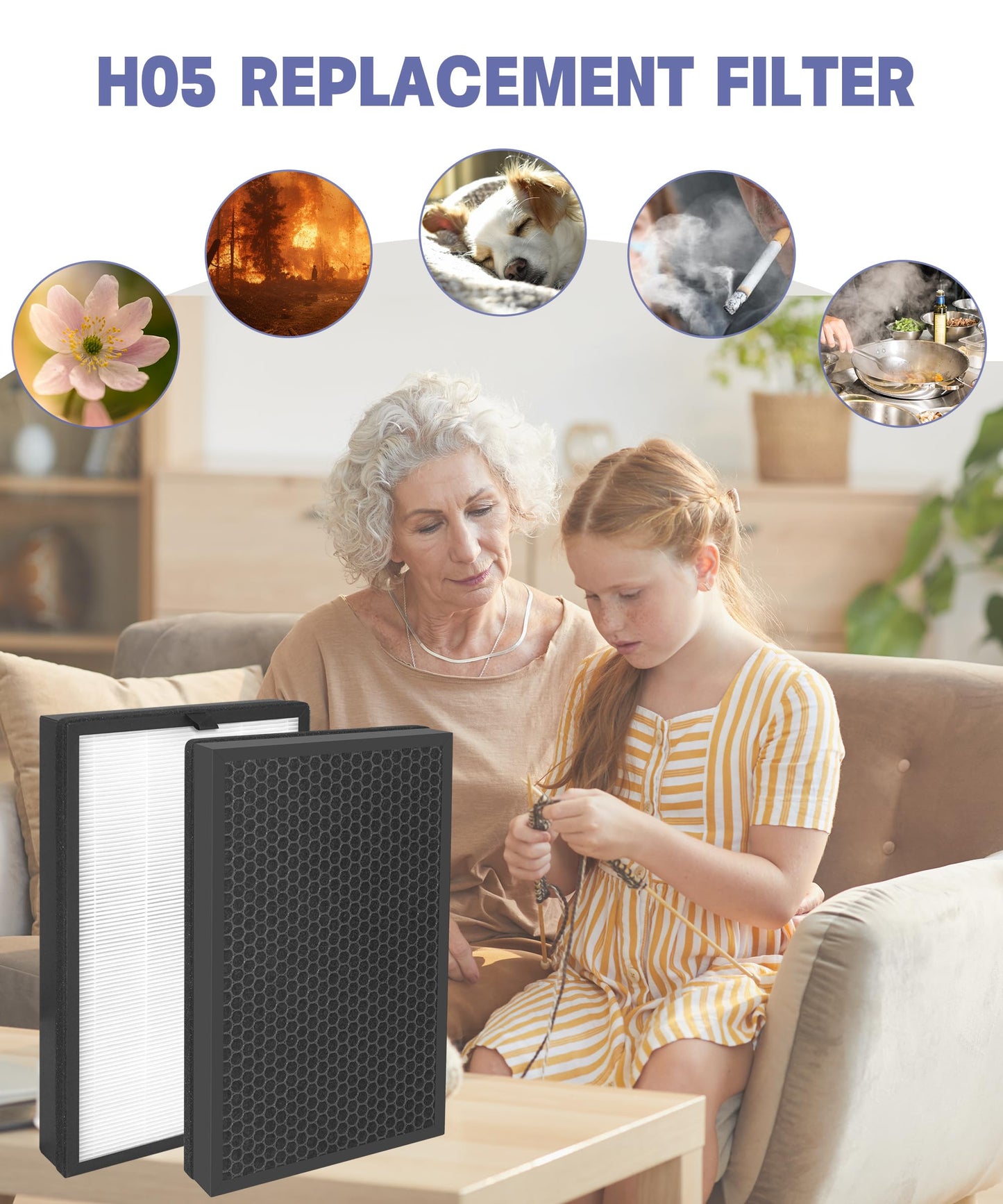 2 Pack H05 Replacement Filter Compatible with HIMOX Air Purifier H05, 3-In-1 H13 HEPA and Activated carbon Filters