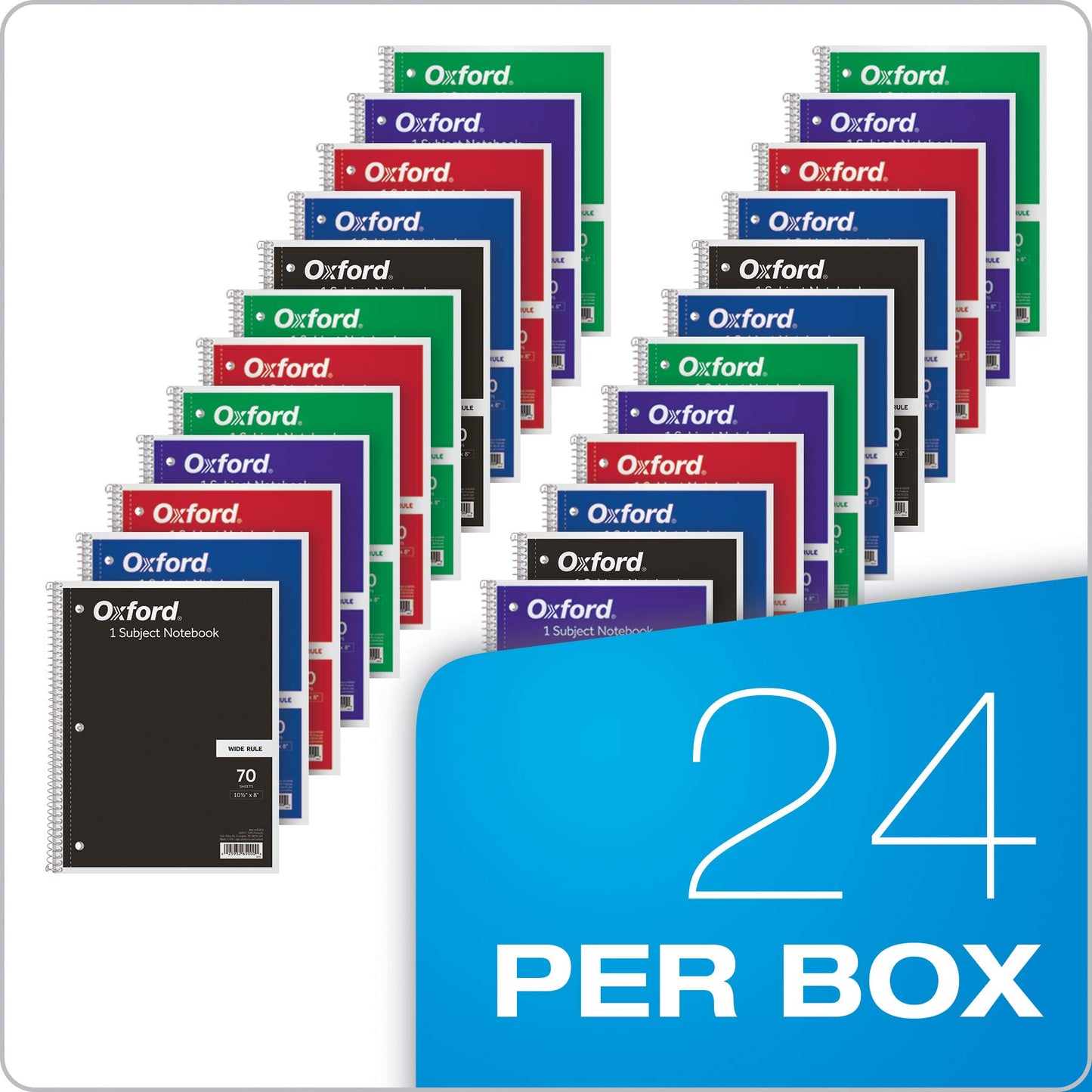 Oxford Spiral Notebooks, 1 Subject, Wide Ruled Paper, 70 Sheets, 24 per Pack, Colors May Vary (65000)