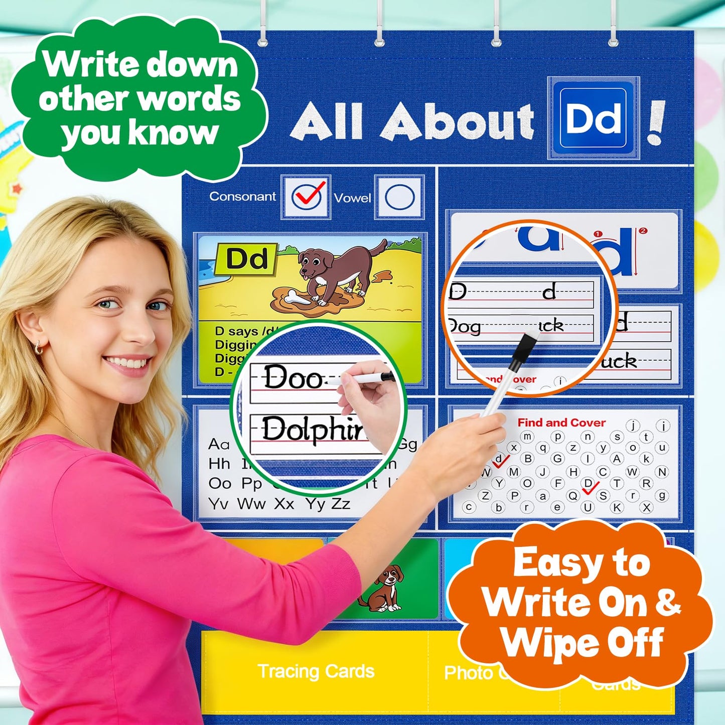 Meetory Alphabet Learning Pocket Chart - 41x28.3in Alphabet Wall Chart ABC Flash Cards Learning, Handwriting Practice Letter Tracing for Homeschool Supplies Preschool Kindergarten Classroom Must Haves